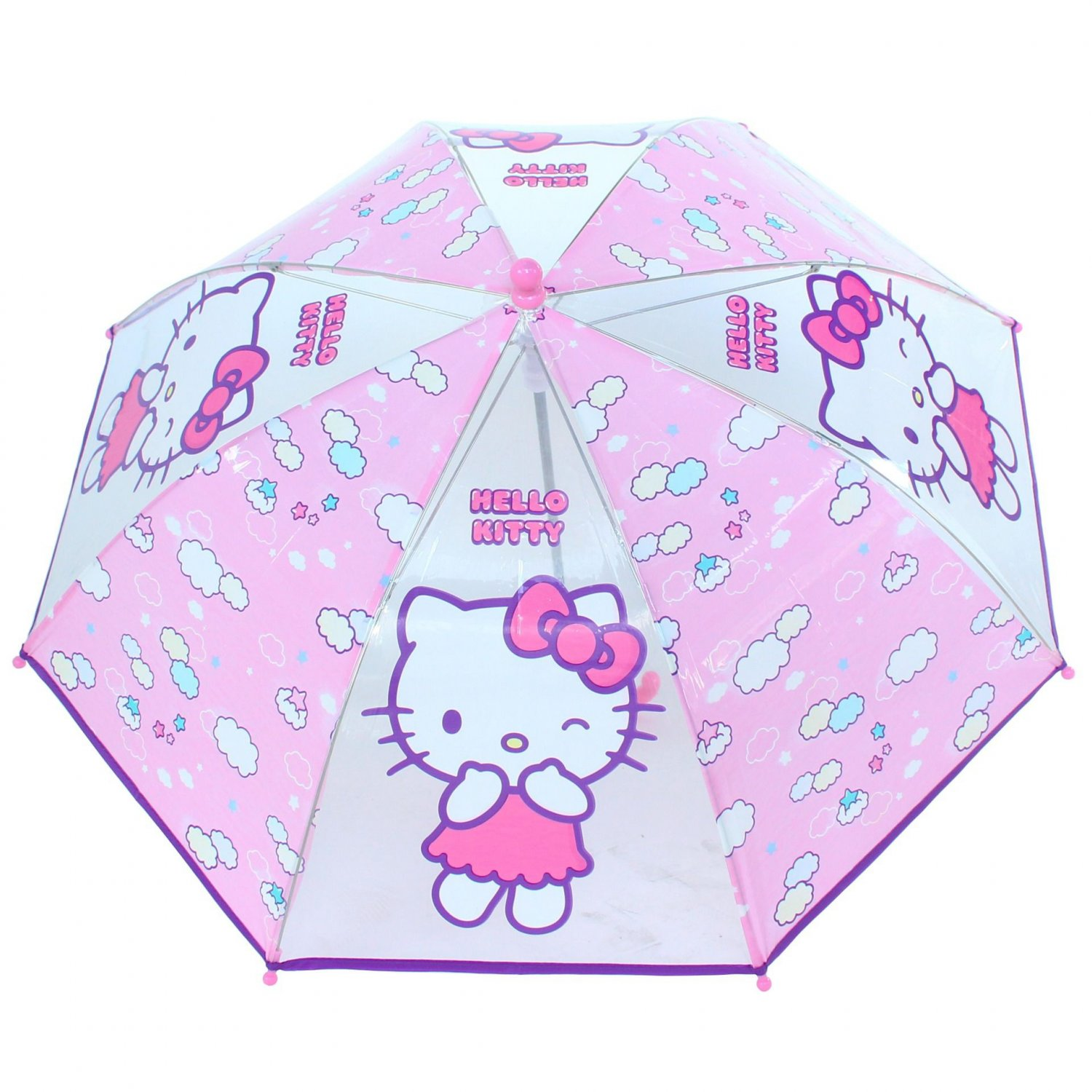 Hello Kitty Regenschirm, rosa und weiß, mit Bildern von Hello Kitty, Wolken und Schleifen, auf weißem Grund.