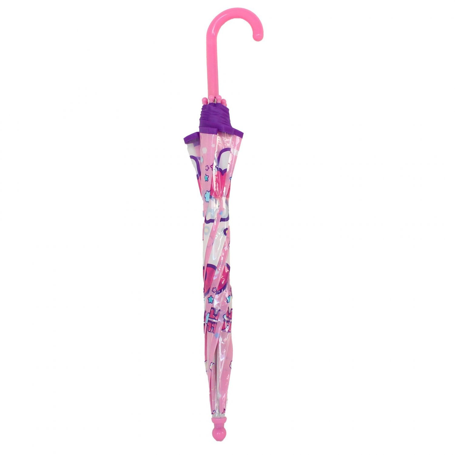 Geschlossener rosa-violetter Regenschirm mit Cartoon-Grafiken und gebogenem Griff.
