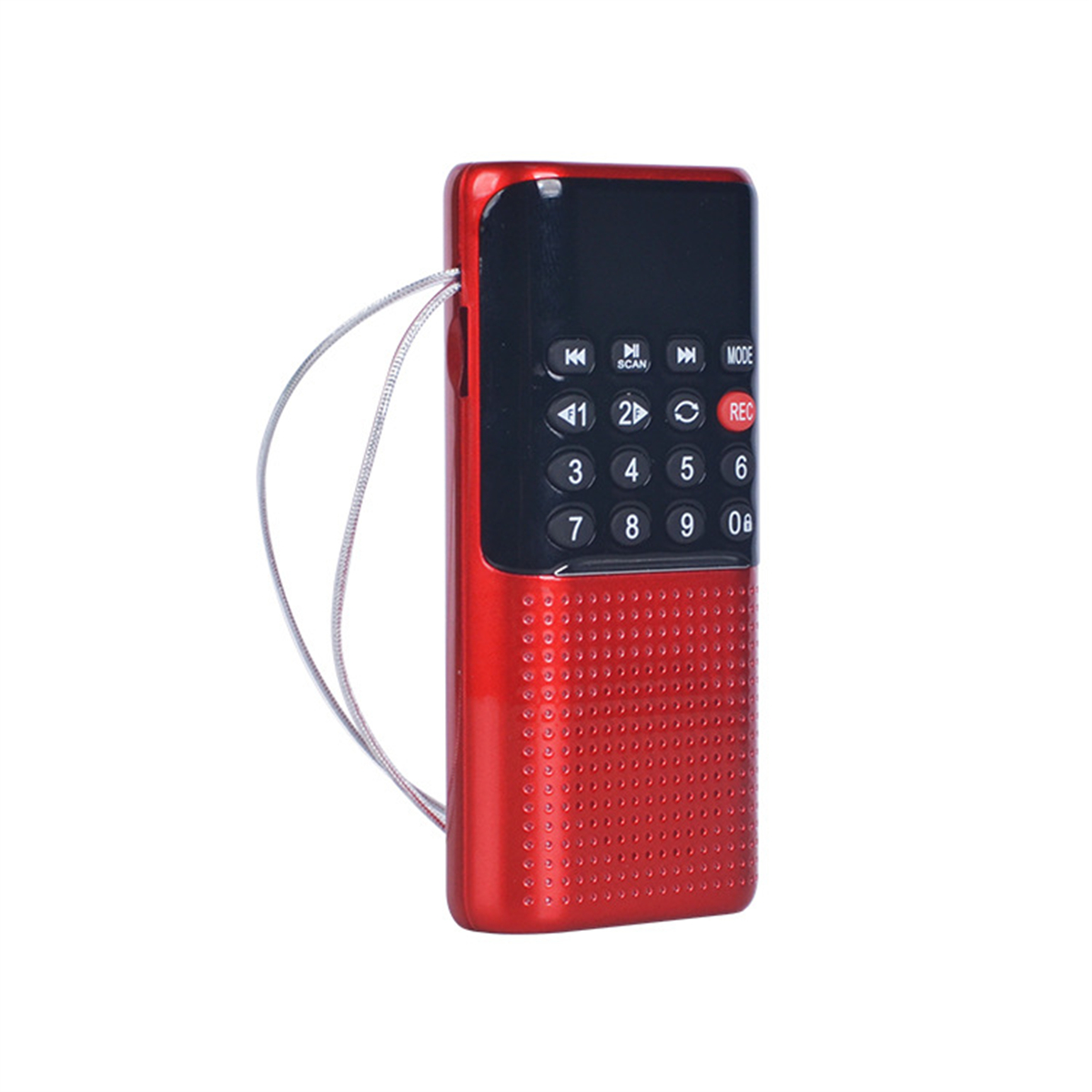 Ein rotes Radio mit schwarzen Knöpfen und einer kleinen Antenne. Die Knöpfe sind nummeriert.
