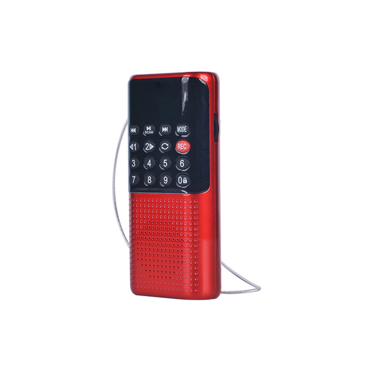 Ein kleines rotes Digitalradio mit schwarzen Knöpfen und einem Schlüsselband.