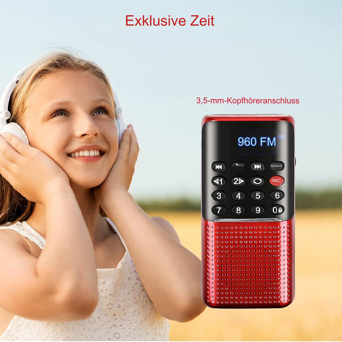 Junges Mädchen mit Kopfhörern, hört ein kleines rotes Radio. Text: Exklusive Zeit.