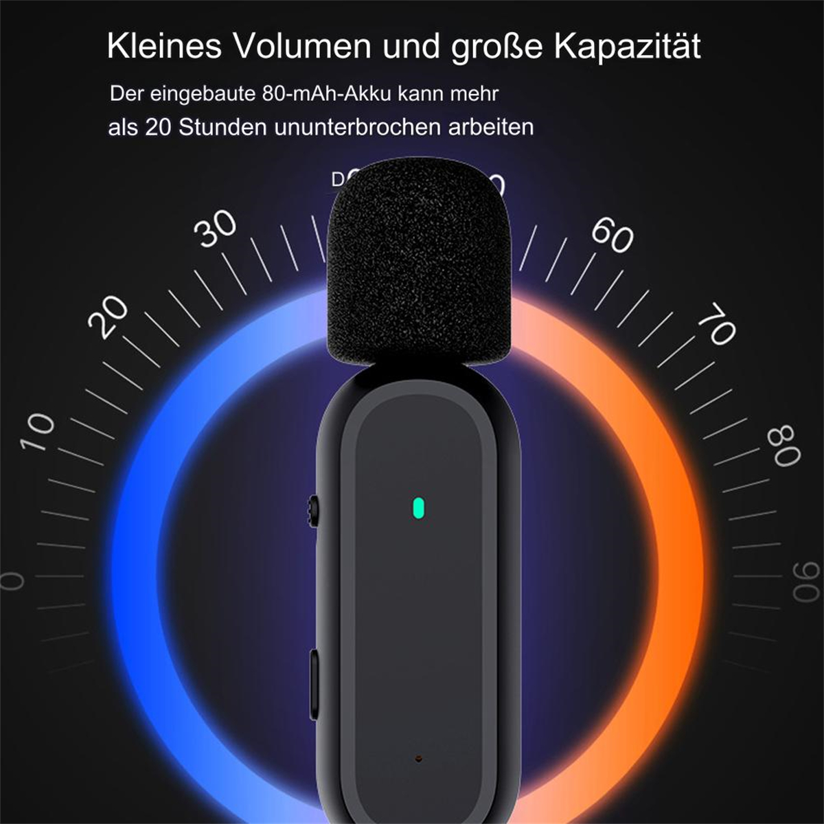 Schwarzes Mikrofon mit eingebautem Akku, umgeben von einem Blau- zu Orange-Gradienten.
