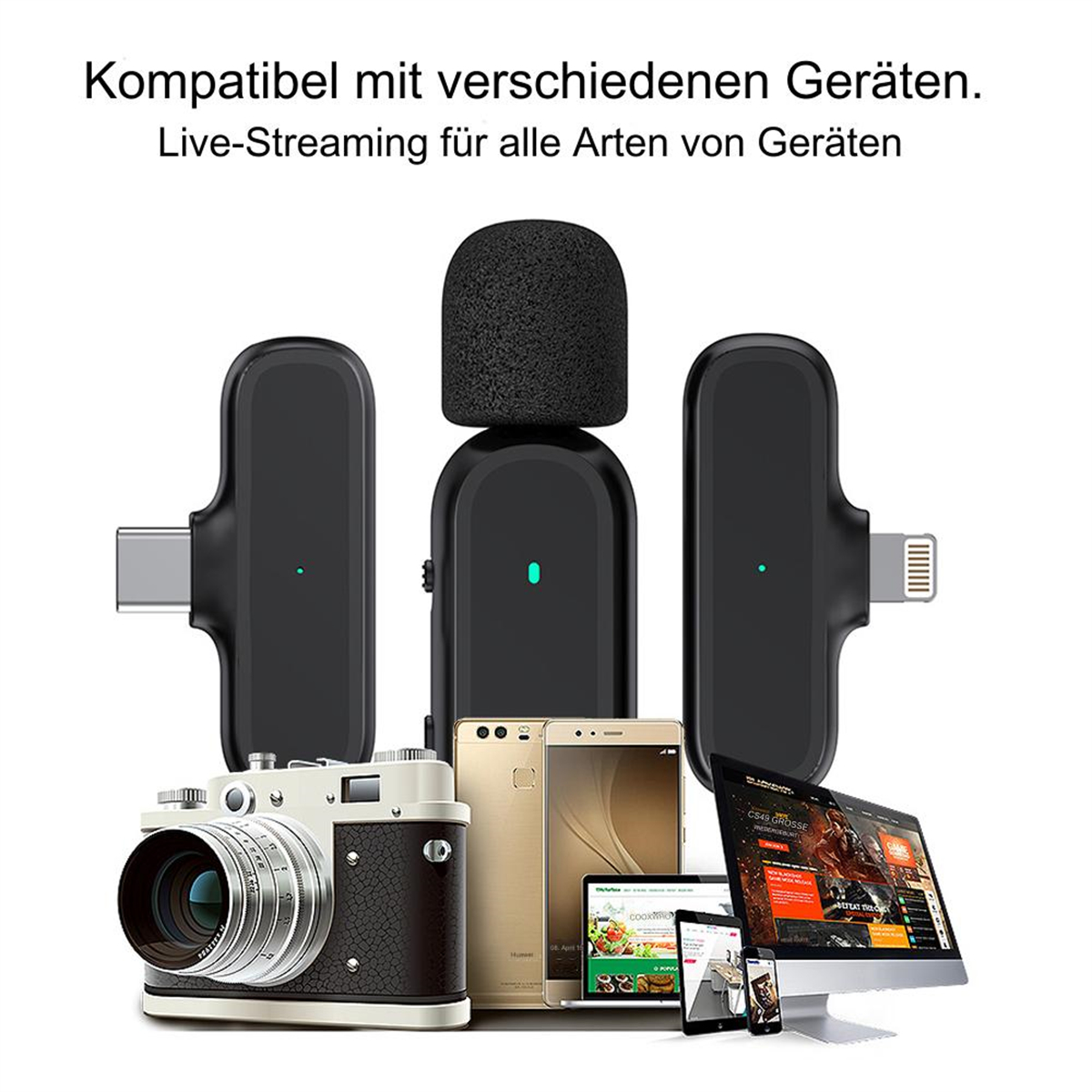 Schwarze Mikrofone und Geräte sowie eine Kamera, ein Telefon, ein Tablet und ein Computer.