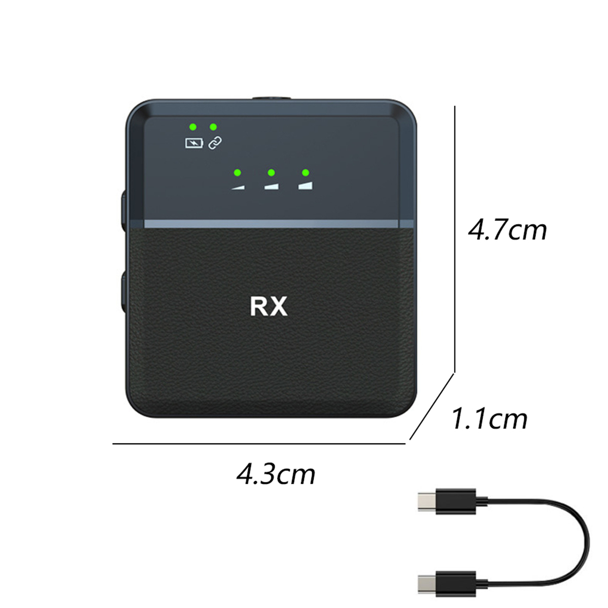 Ein kleines schwarzes Gerät mit grünen Lichtern und einem USB-C-Kabel. Abmessungen sind angegeben.