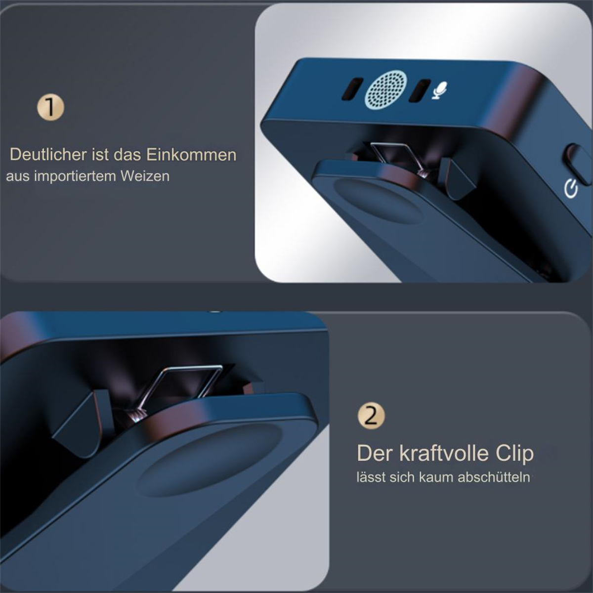 Nahaufnahme eines schwarzen Geräts mit Clip und Uhrenbefestigung, mit beschreibendem Text und Zahlen.