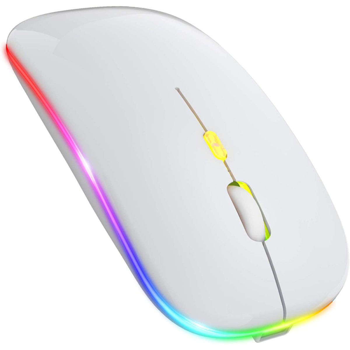 Eine weiße Computermaus mit farbigem LED-Licht um die Basis.