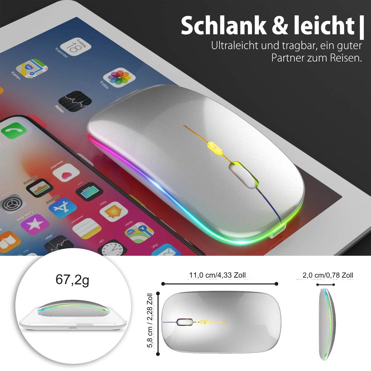Silberfarbene kabellose Maus mit farbigem Licht. Text: Schlank & leicht. Abmessungen und Gewicht gezeigt.