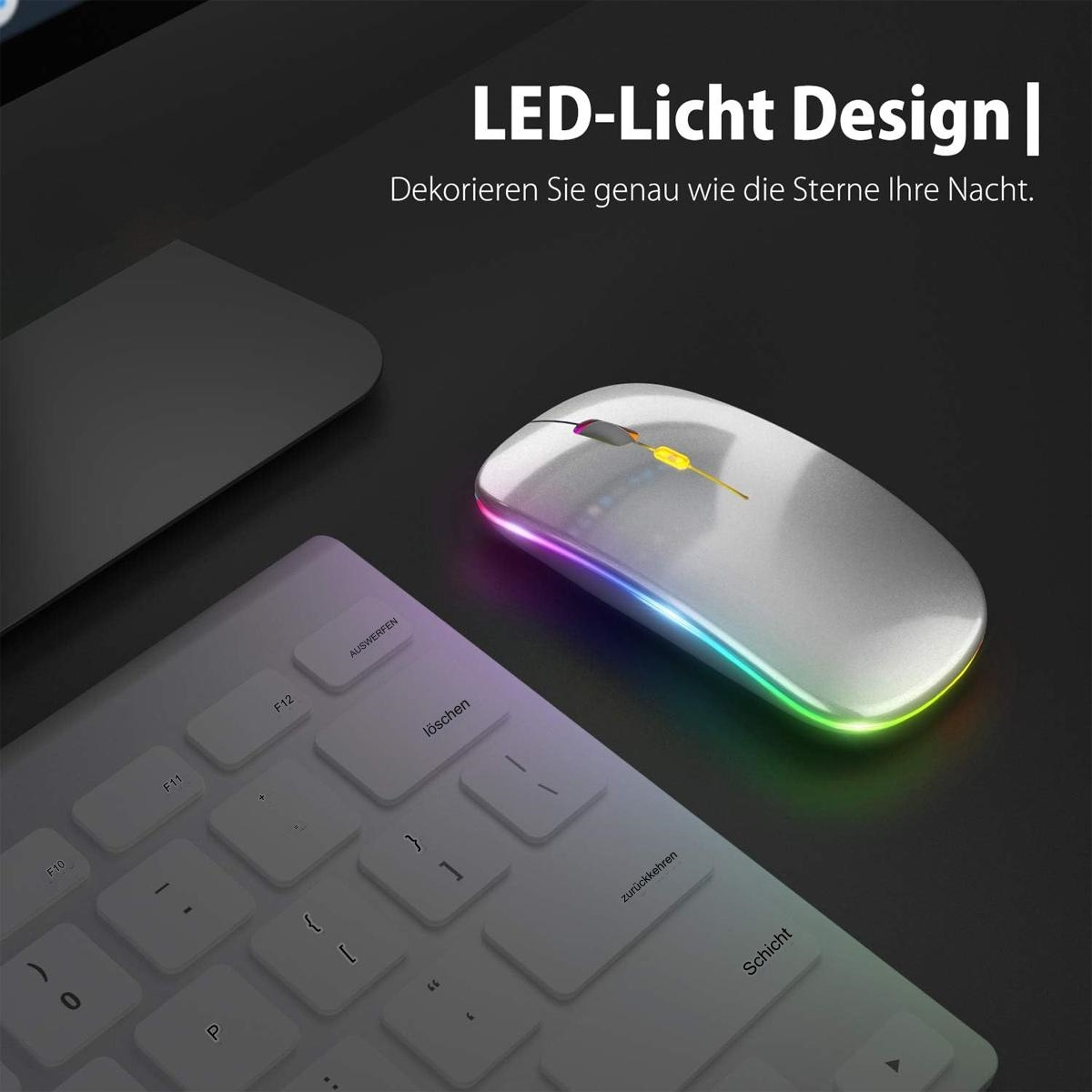 Silberne Maus mit Regenbogenlicht am Rand, Tastatur mit weißen Tasten.
