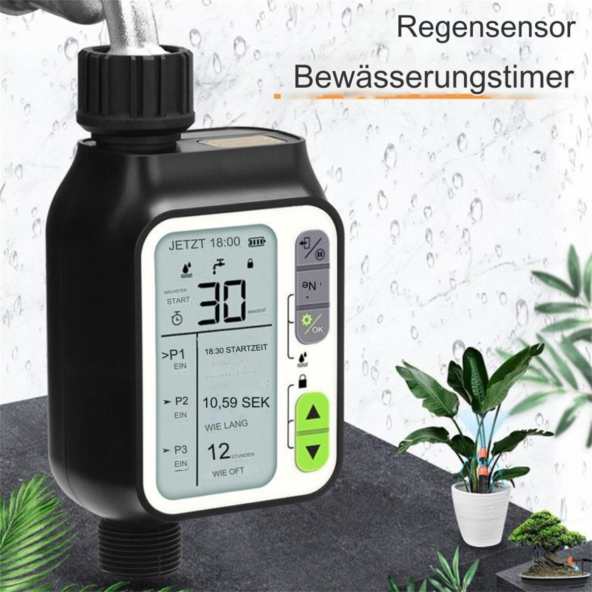 Ein schwarzer Bewässerungstimer mit Digitalanzeige, einem Wasserhahn und einer Pflanze im Topf.