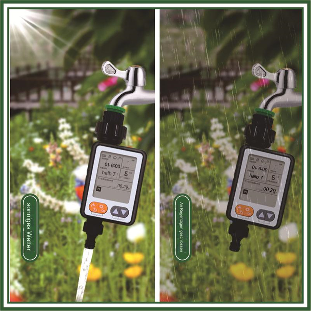 Wasserhahn mit digitalem Timer, zeigt sonnige und regnerische Wetterbedingungen.
