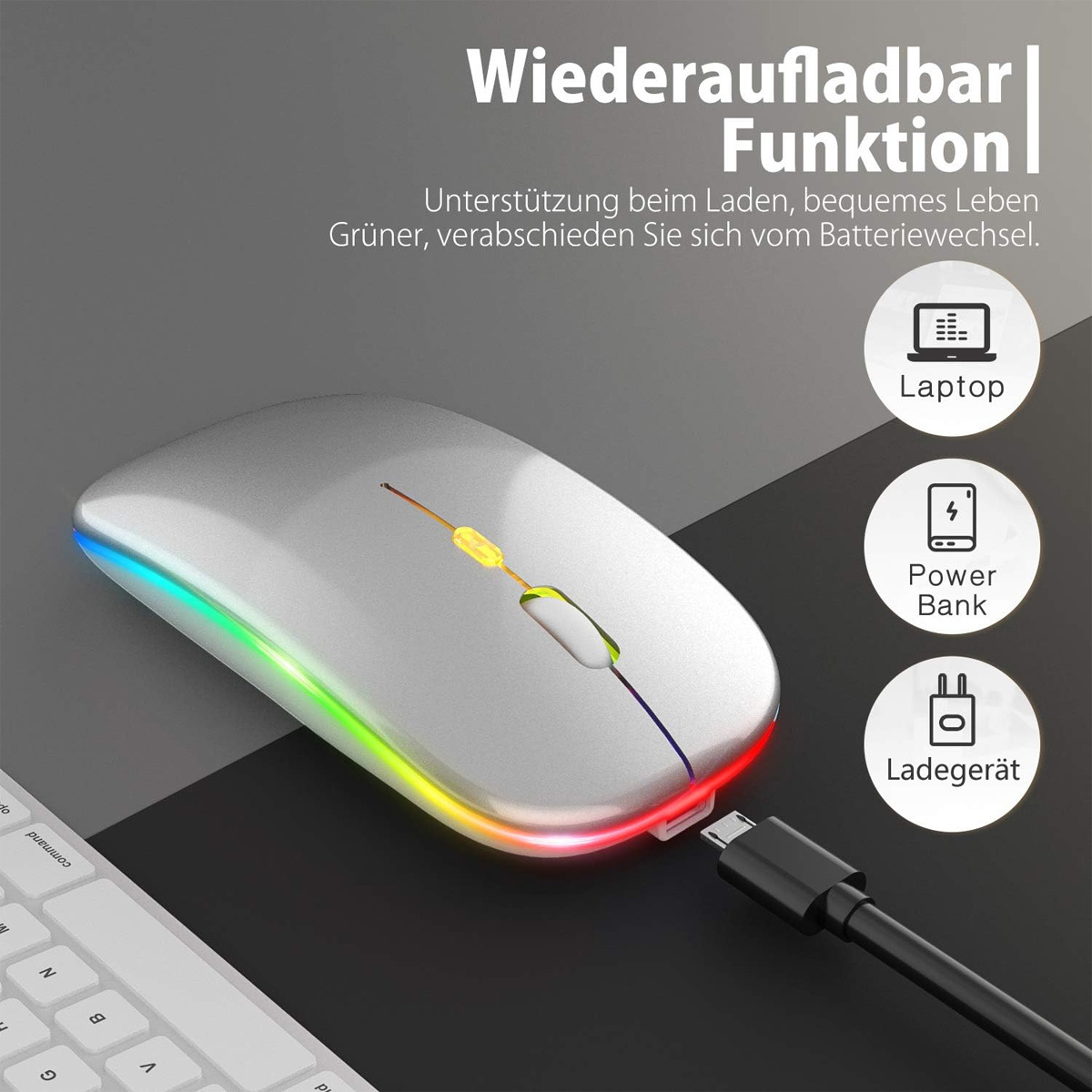 Silberne kabellose Maus mit bunten Lichtern und angeschlossenem Ladekabel. Text enthält 