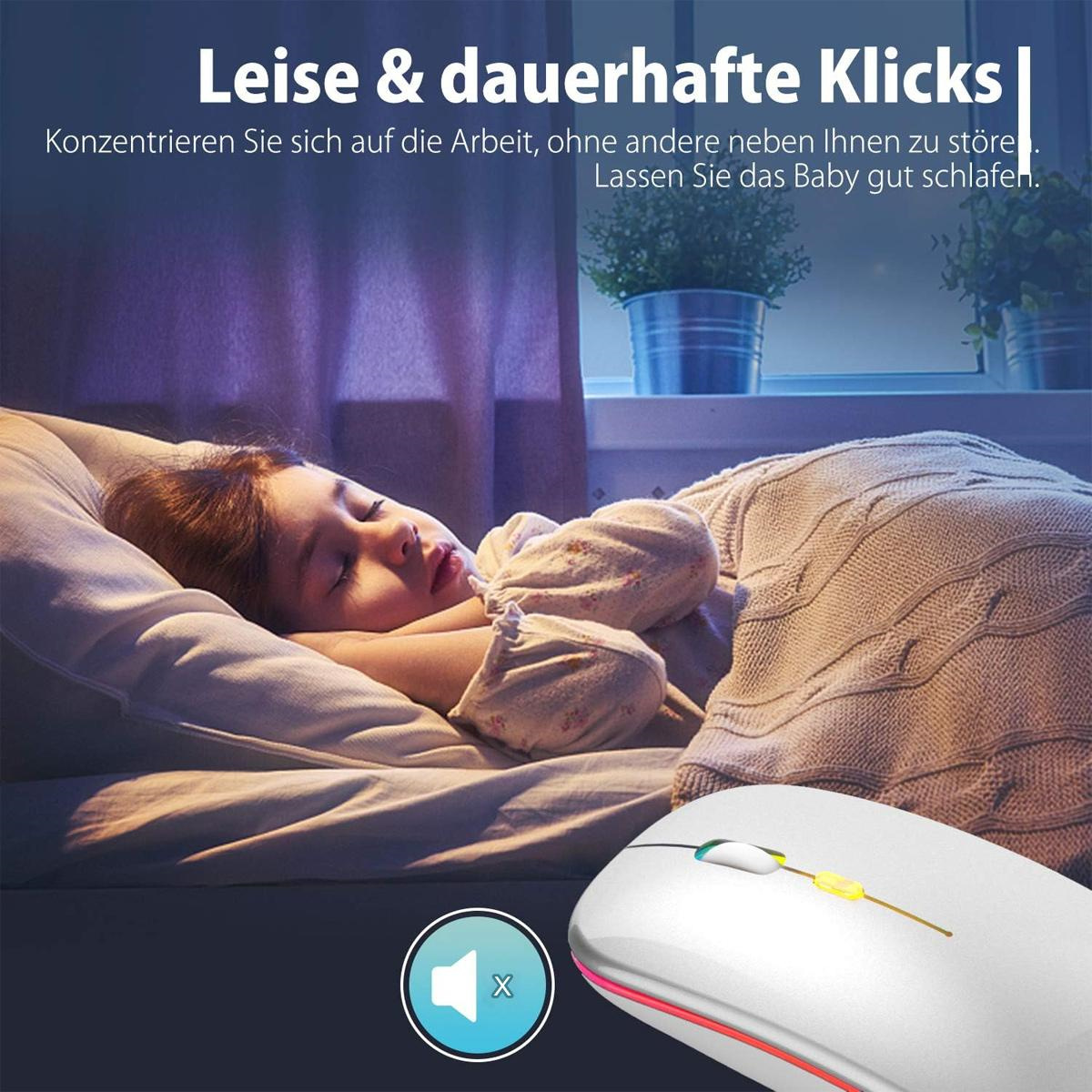 Ein schlafendes Mädchen und eine weiße Computermaus. Die Maus hat ein Scrollrad und farbige Lichter.