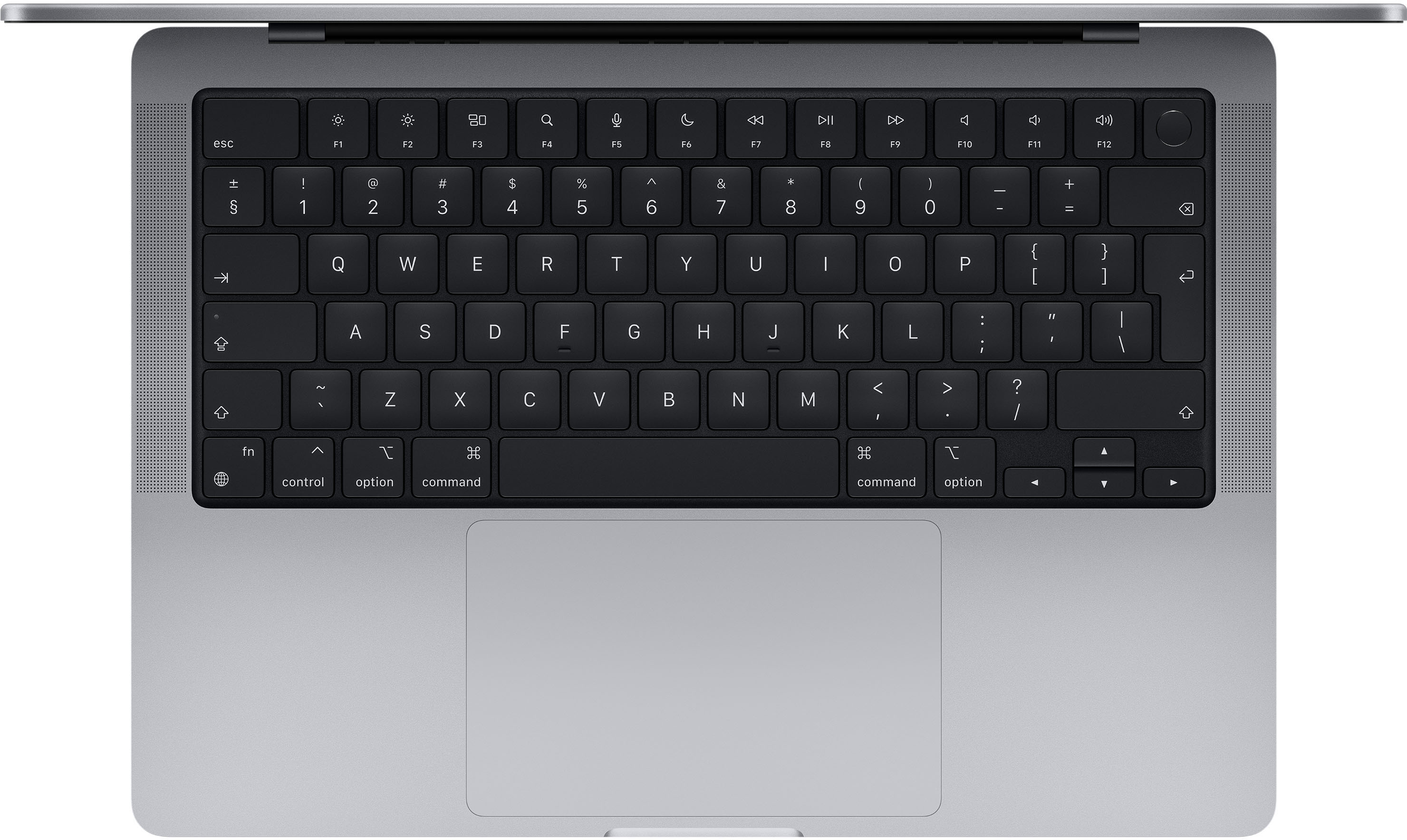 Vista dall'alto di una tastiera di un laptop argentato con tastiera e trackpad neri.