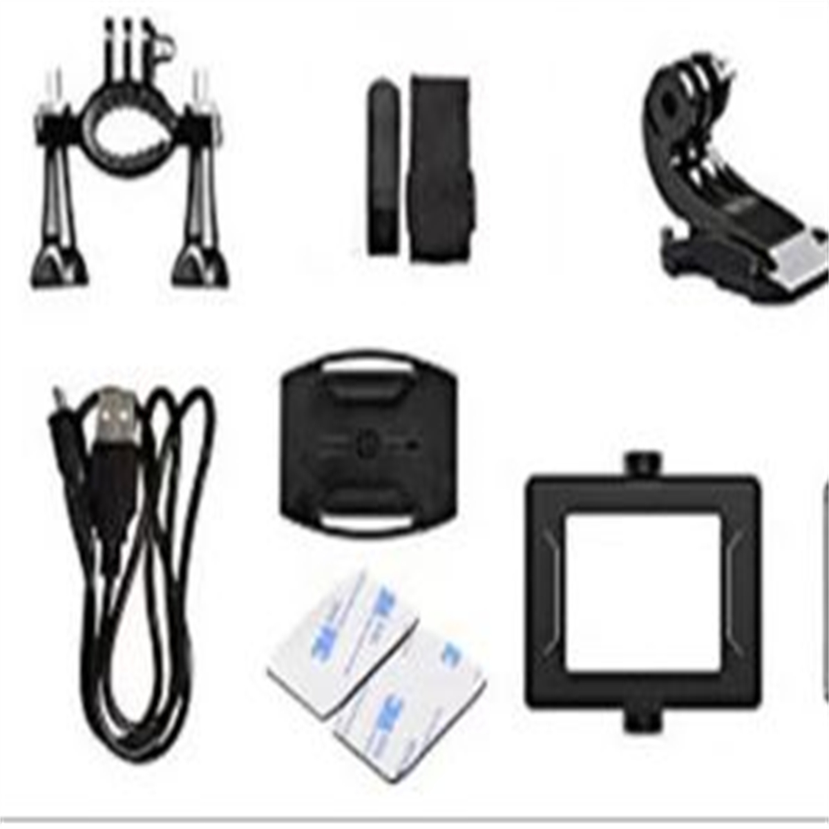 Verschiedenes Action-Kamera-Zubehör, einschließlich Halterungen, Kabel und Klebepads.