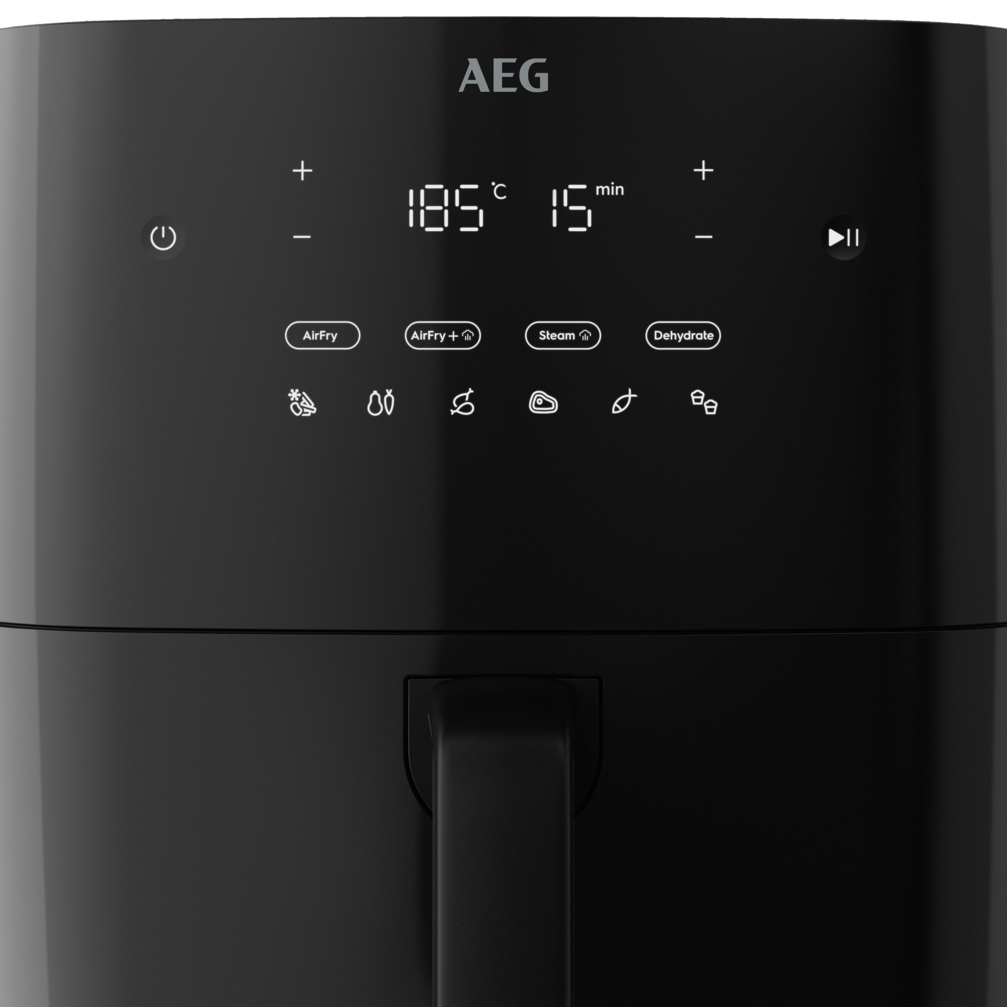 Czarny panel sterowania frytkownicy powietrznej z wyświetlaczem cyfrowym i ikonami funkcji.