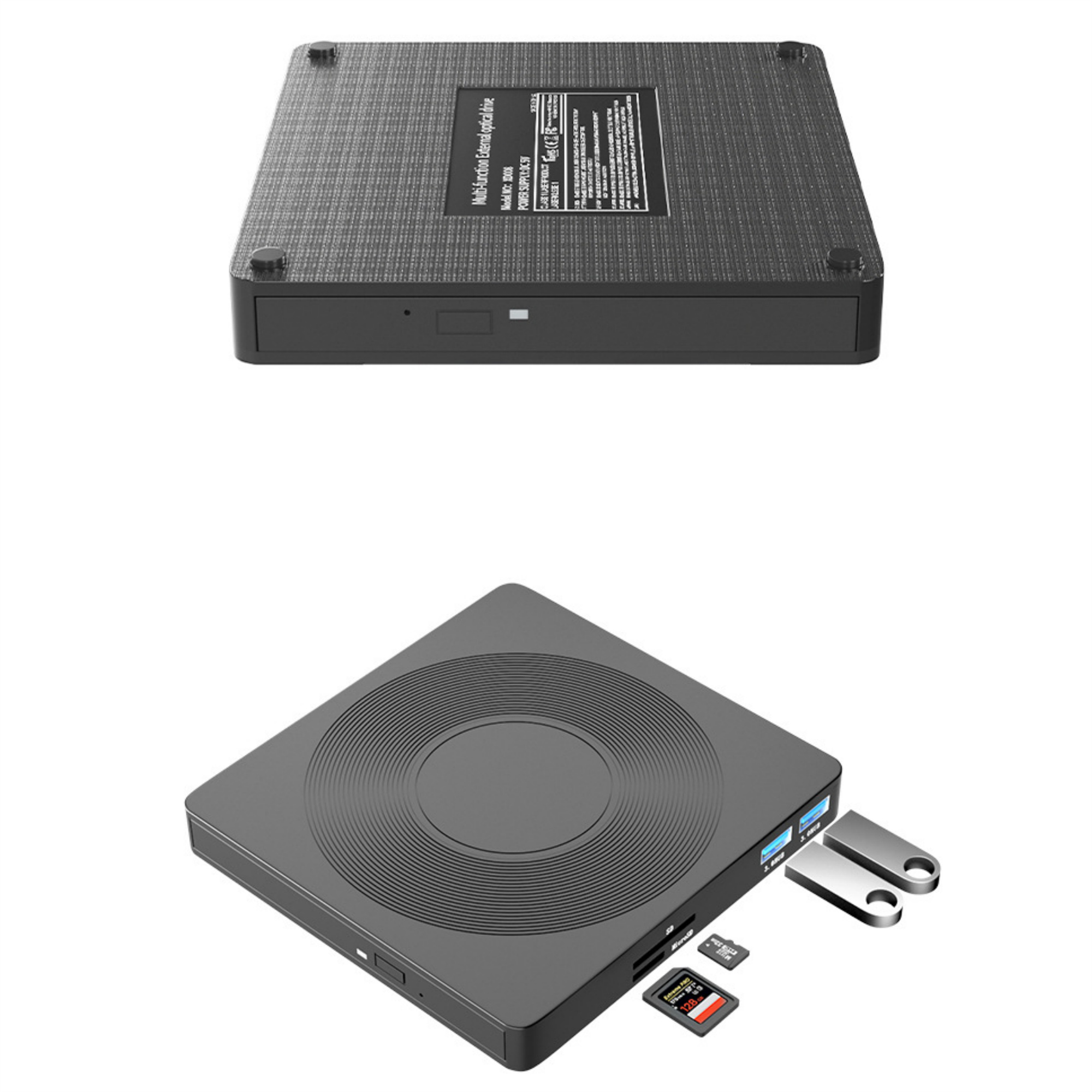 Oben- und Unteransicht eines schwarzen Multifunktionsgeräts mit USB- und SD-Anschlüssen.