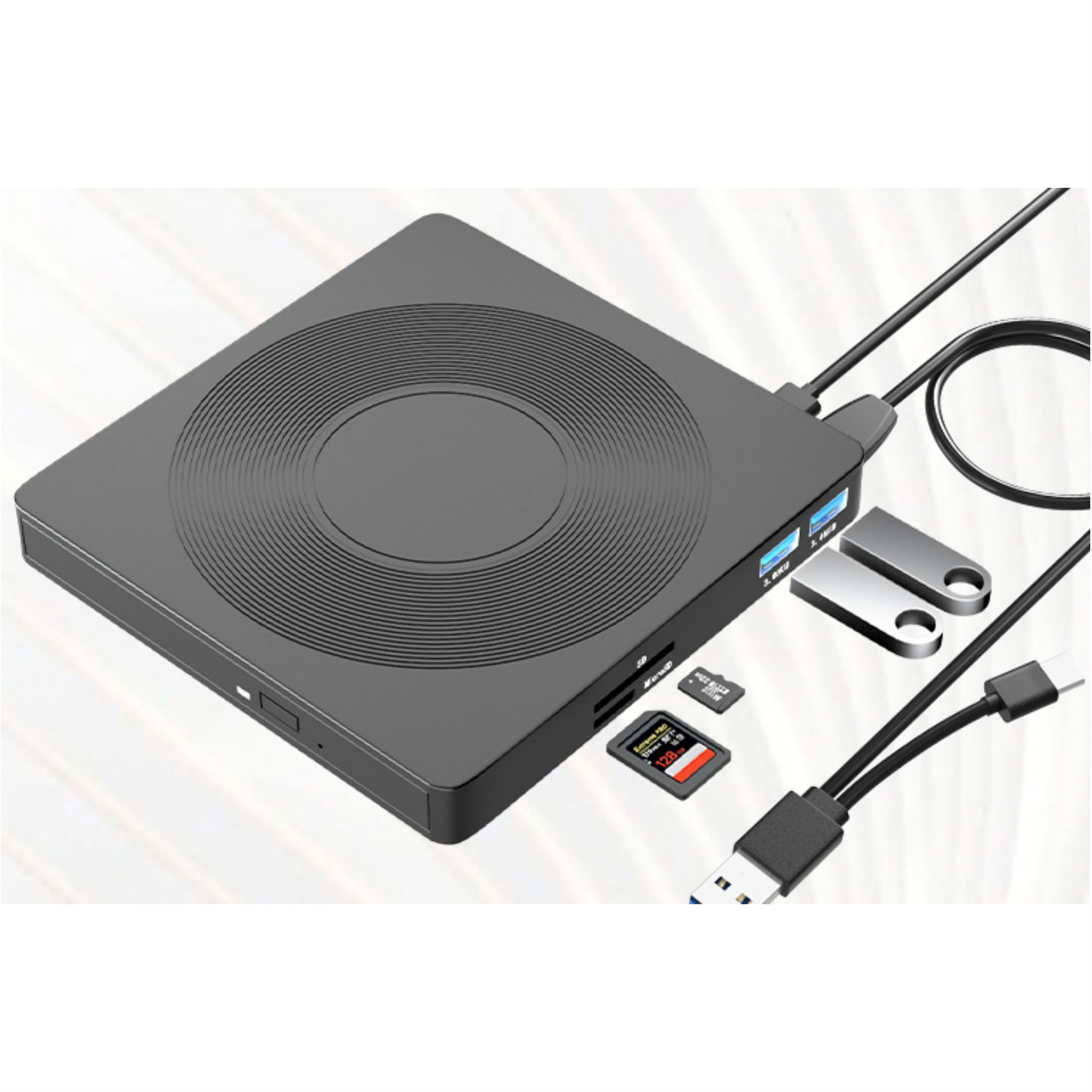 Schwarzes externes Laufwerk mit mehreren Anschlüssen und USB-Kabeln. Weißer Hintergrund.