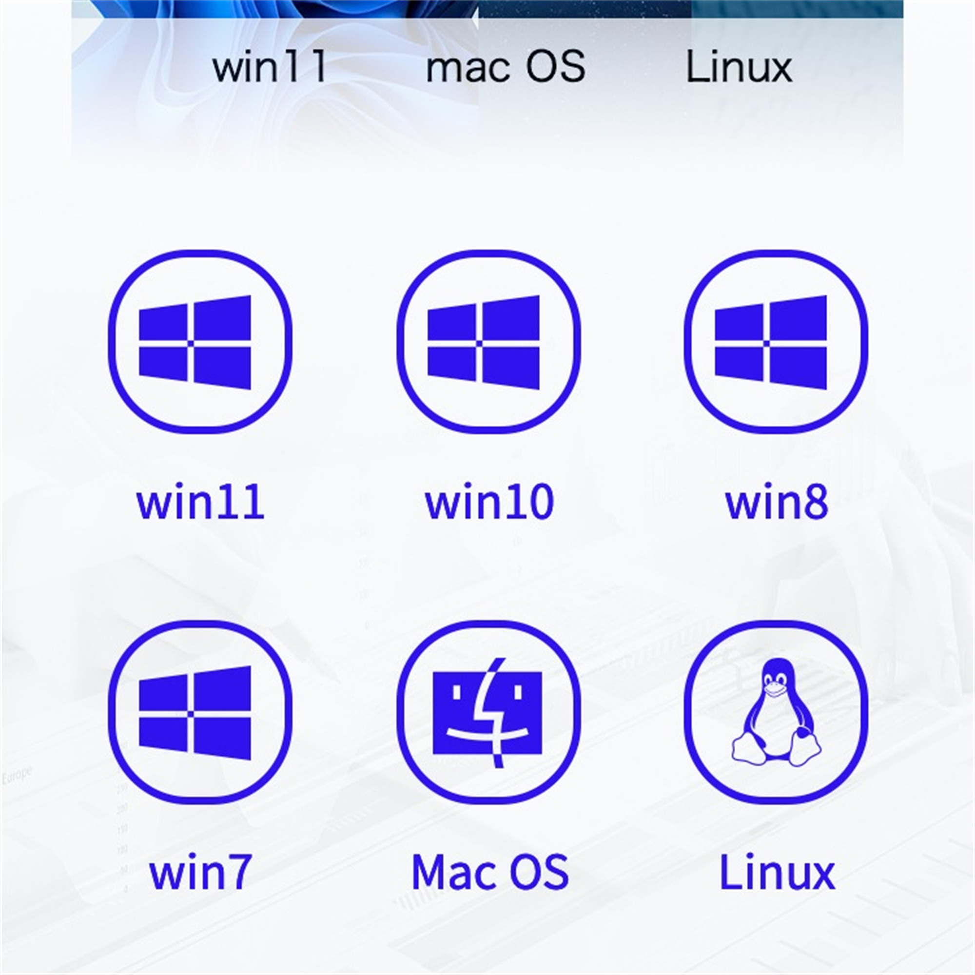 Logos von Windows, Mac OS und Linux Betriebssystemen, die ihre jeweiligen Symbole zeigen.