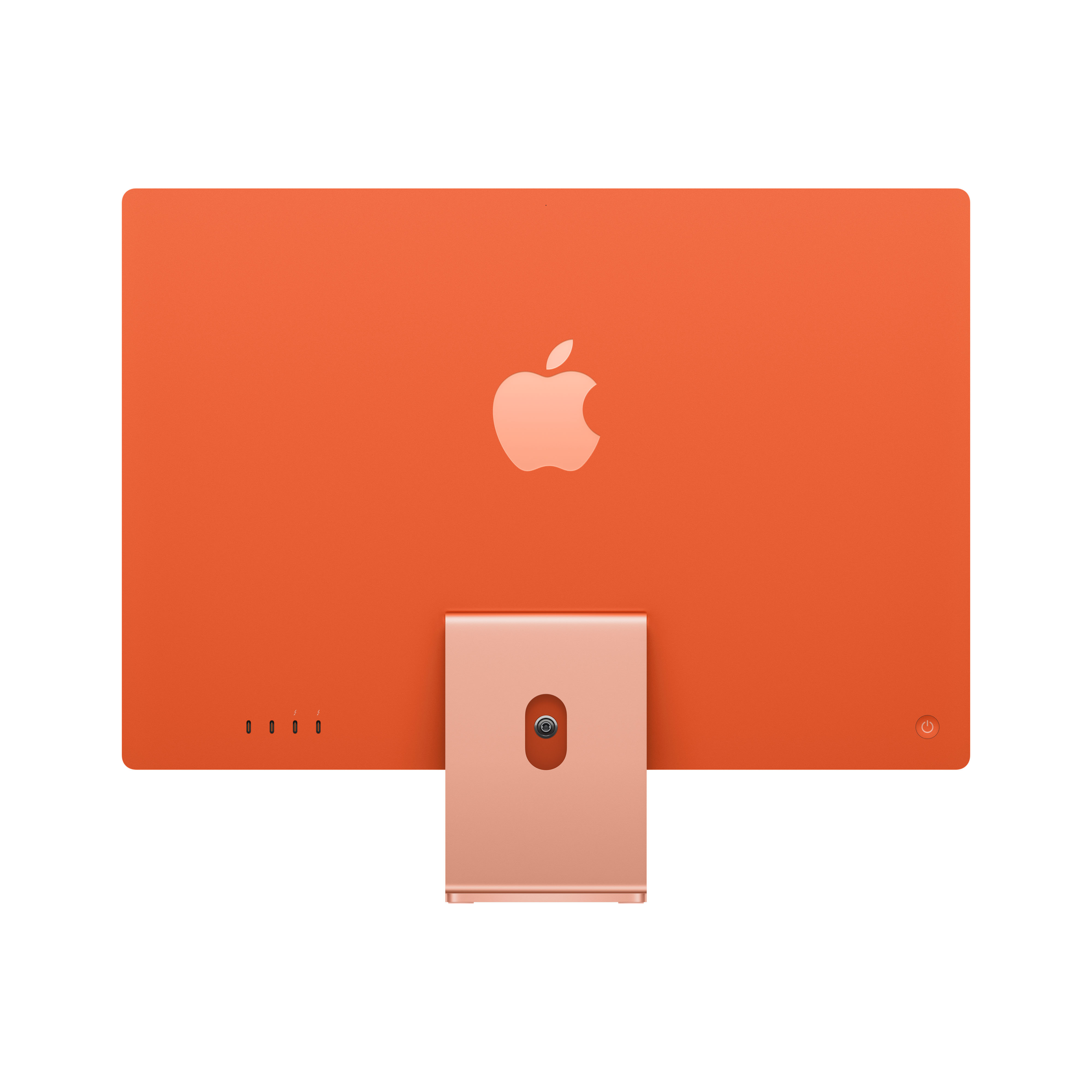 Die Rückseite eines orangefarbenen iMac-Computers mit dem Apple-Logo. Es hat einen Ständer und Anschlüsse.