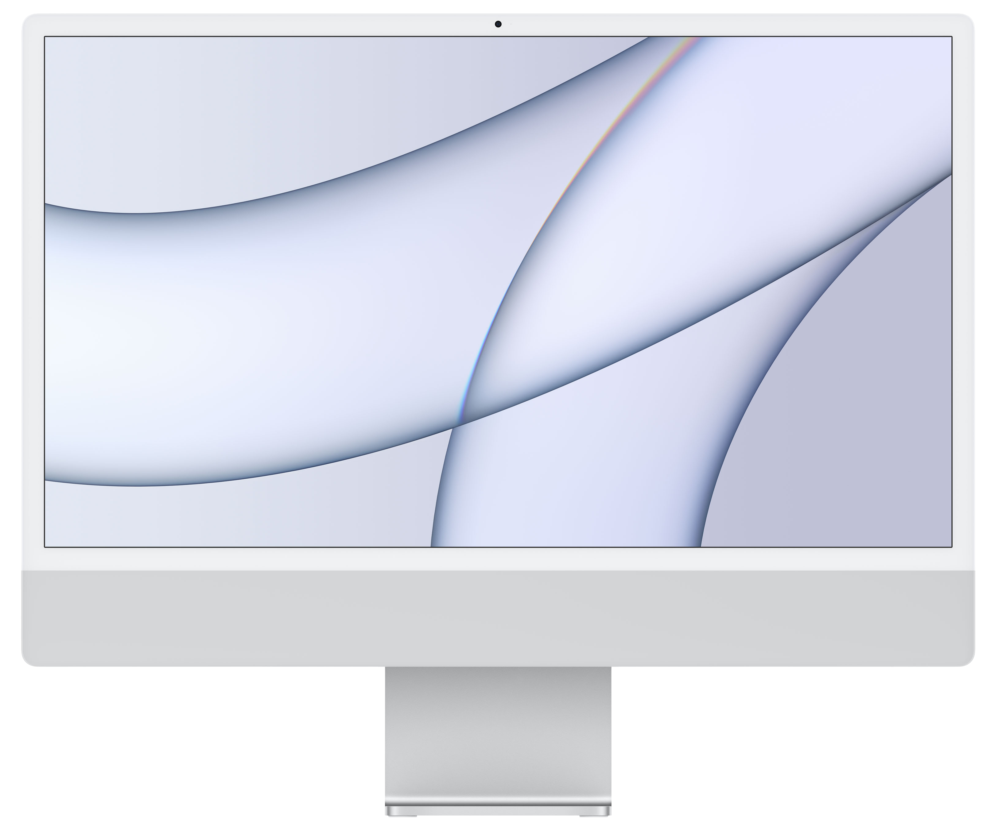 Biały komputer iMac z niebiesko-białym abstrakcyjnym tłem.