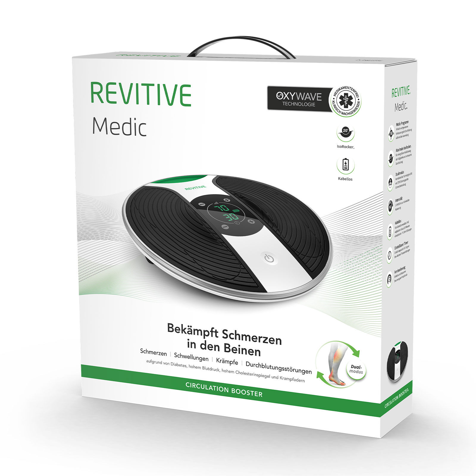 Karton mit Revitive Medic Logo. Schwarz-weißes Gerät vorne. Weißer Hintergrund.