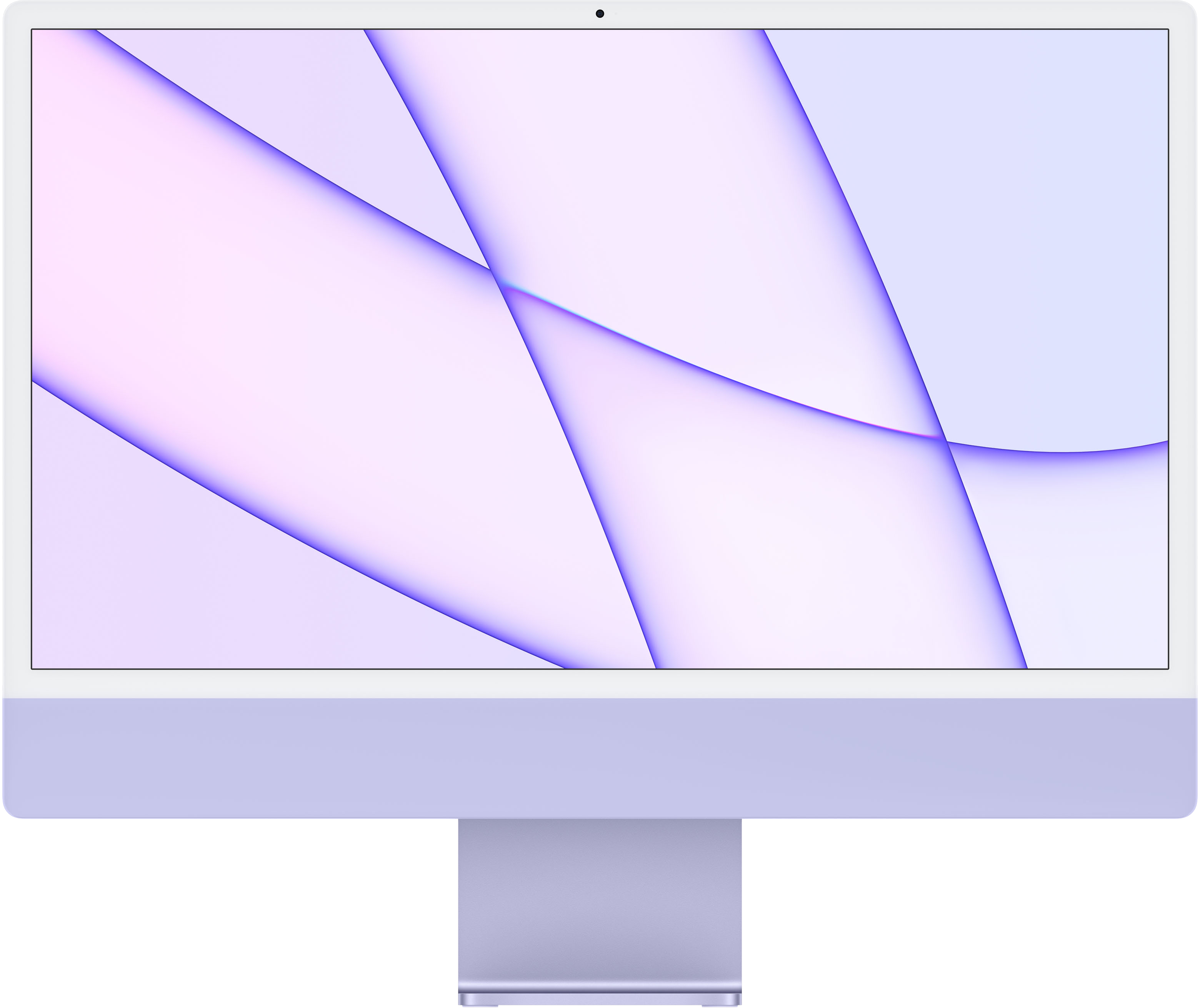 Un iMac de color lila claro se muestra sobre un fondo claro y abstracto.