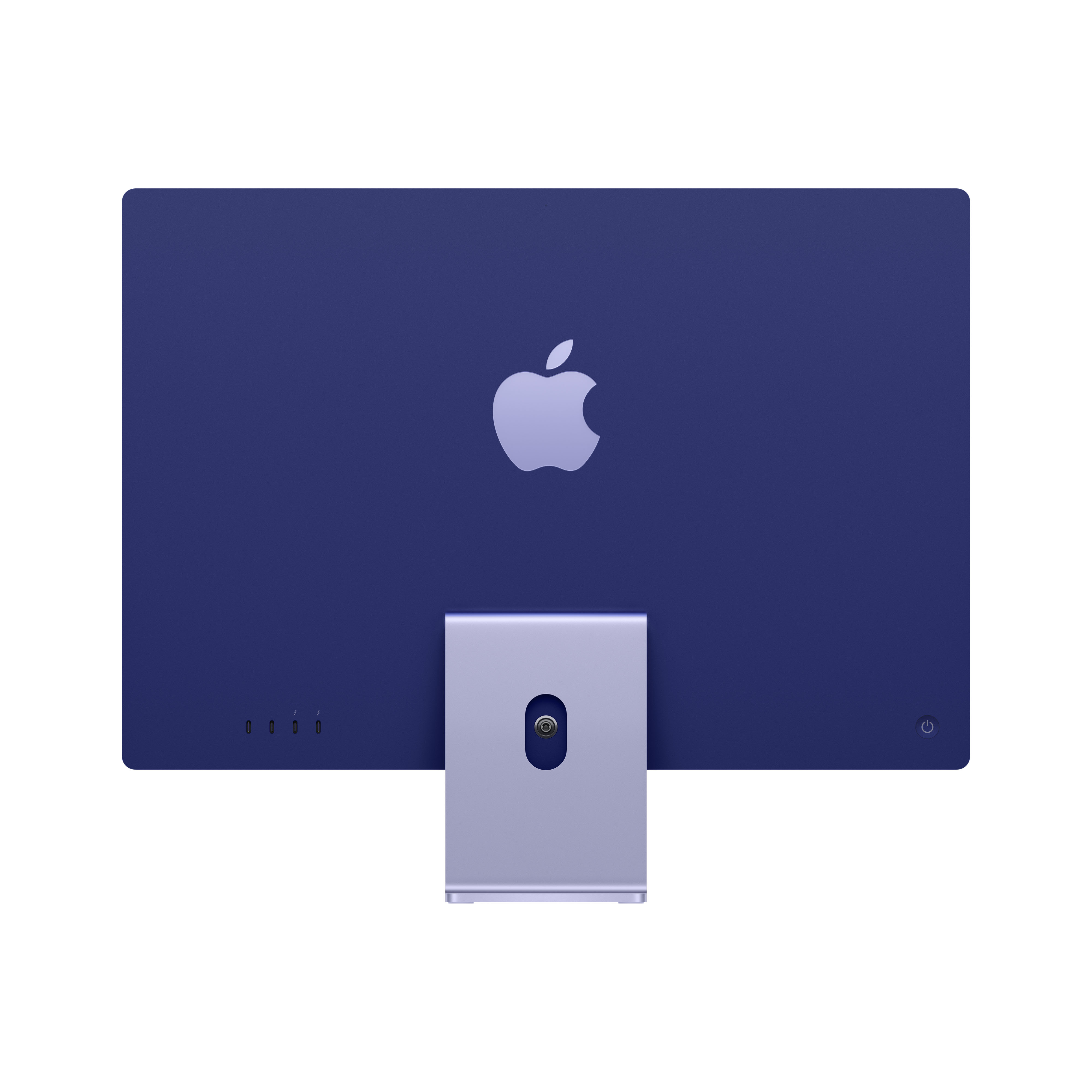 Vista trasera de un iMac azul. Tiene un soporte plateado y un logotipo de Apple plateado. Cuatro puertos.