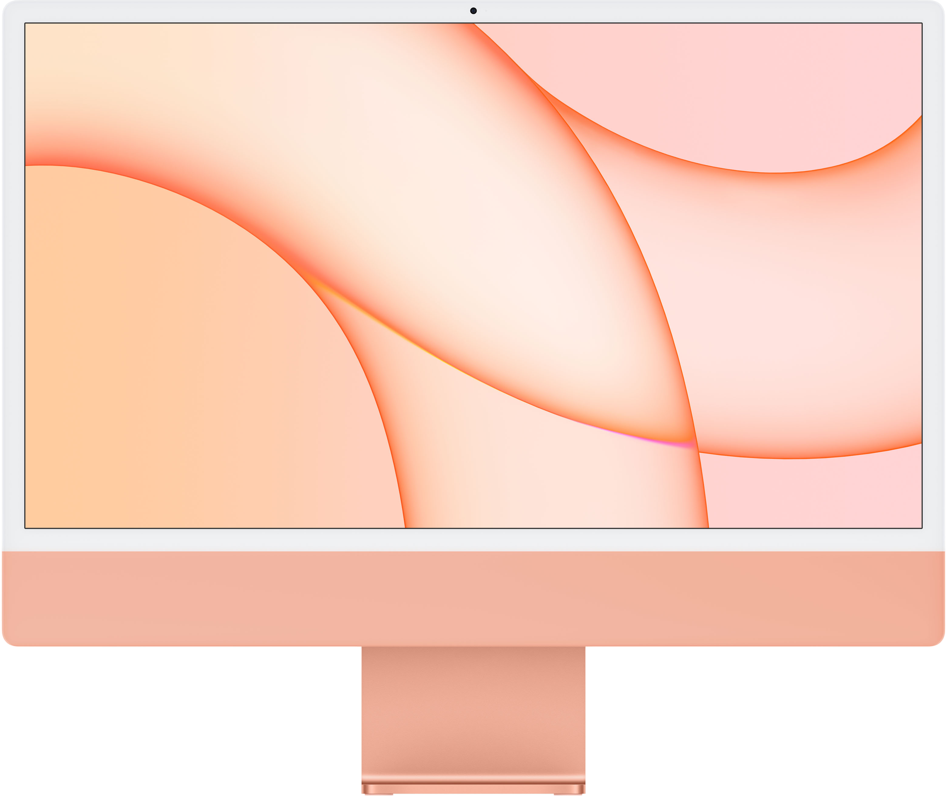Pinkfarbener iMac-Computer. Der Bildschirm zeigt einen orange-pinkfarbenen Hintergrund.