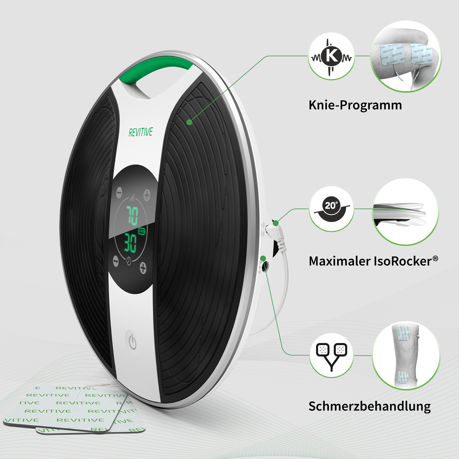 Medizinisches Gerät mit Display und Pads, gekennzeichnet mit Funktionen wie Knieprogramm und Schmerzbehandlung.
