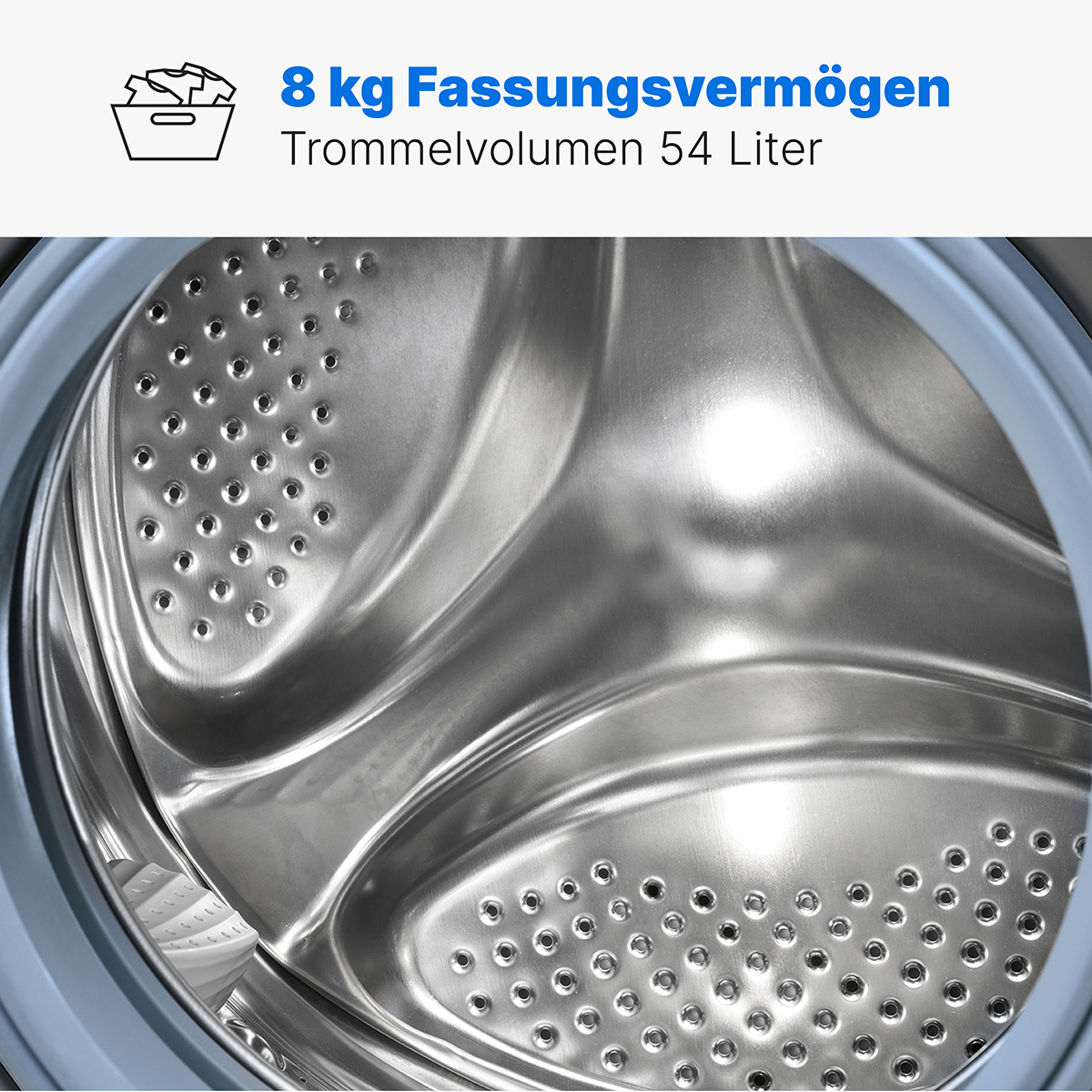 Waschmaschinentrommel mit Text zur Kapazität und einem Warenkorbsymbol.