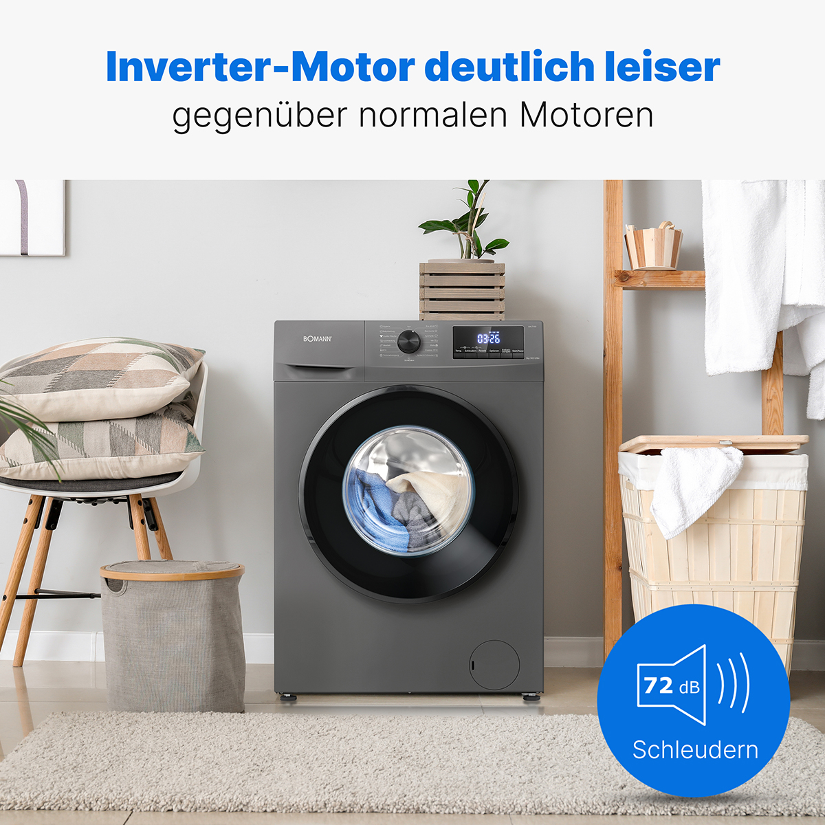 Waschmaschine, Text und Schallwellen-Illustration.