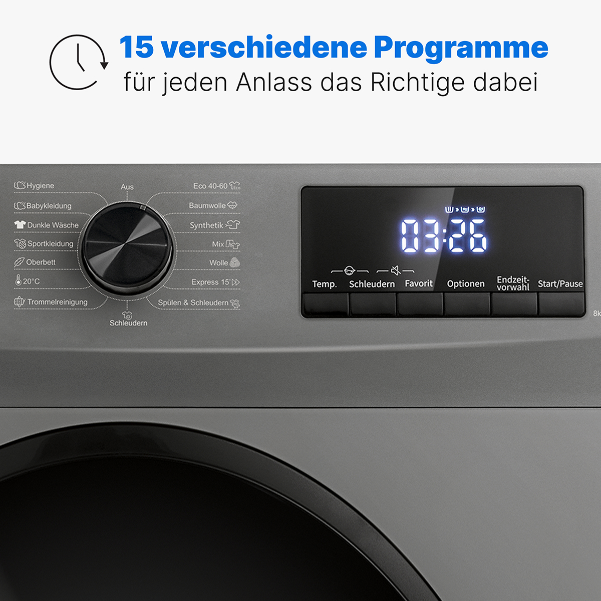 Nahaufnahme des Bedienfelds einer Waschmaschine mit Digitalanzeige und Auswahltasten.