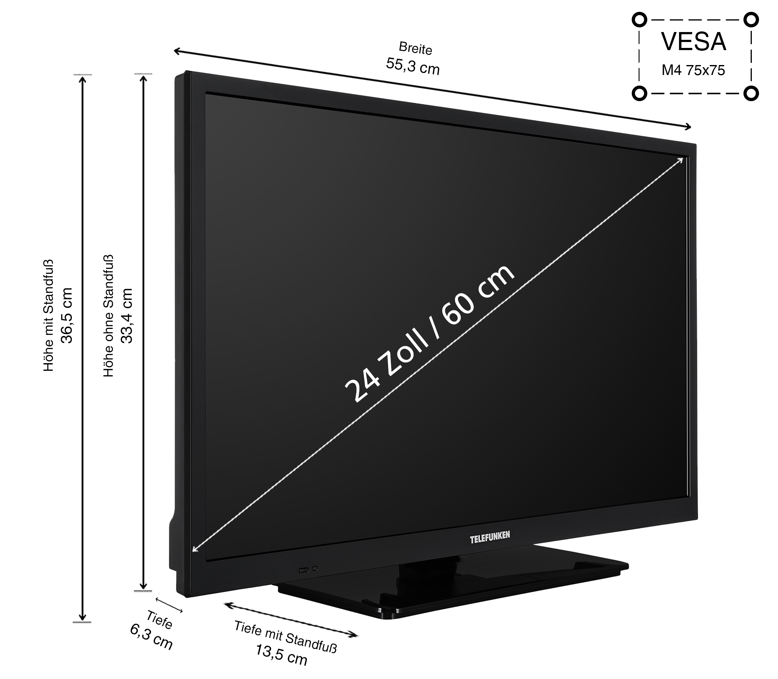 Schwarzer Fernseher mit Ständer, der Abmessungen und Maße zeigt. Er hat einen 24-Zoll-Bildschirm.
