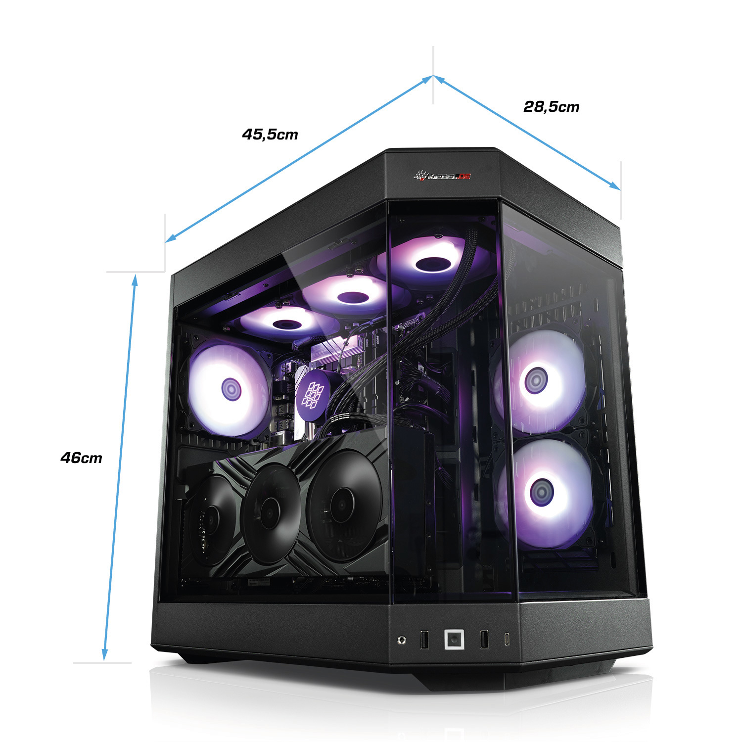 Boîtier PC noir avec panneaux de verre et composants internes illuminés par des lumières violettes.