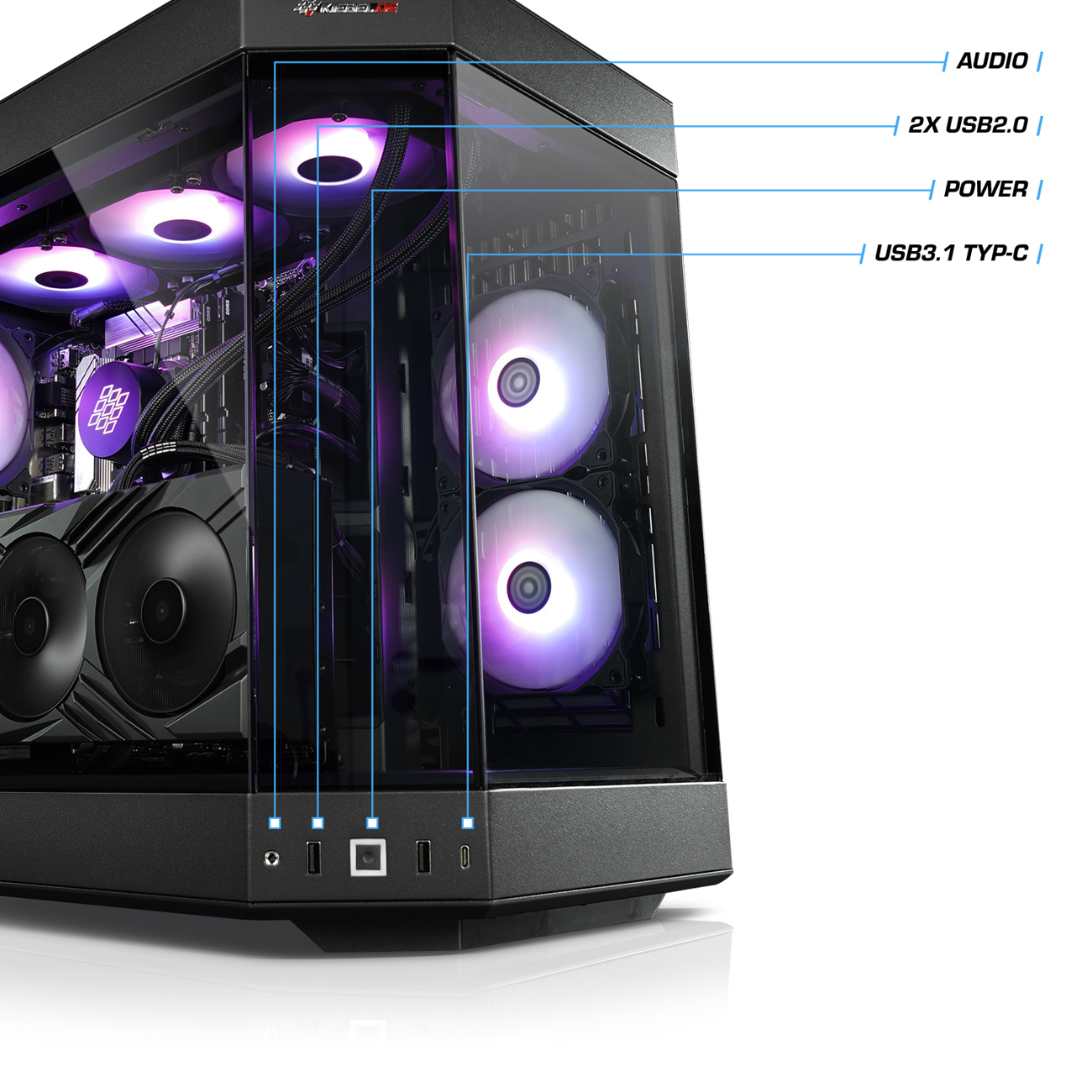 Ein schwarzes Computergehäuse mit internen Komponenten, beleuchtet von violetten Lichtern.