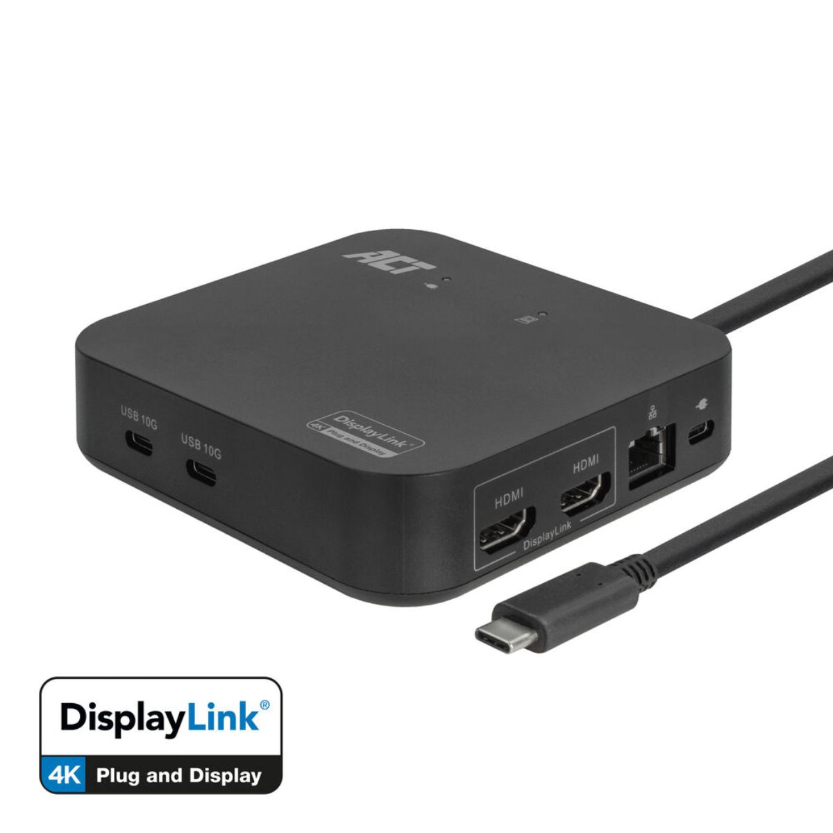Zwart DisplayLink docking station met meerdere poorten en een aangesloten USB-C-kabel.