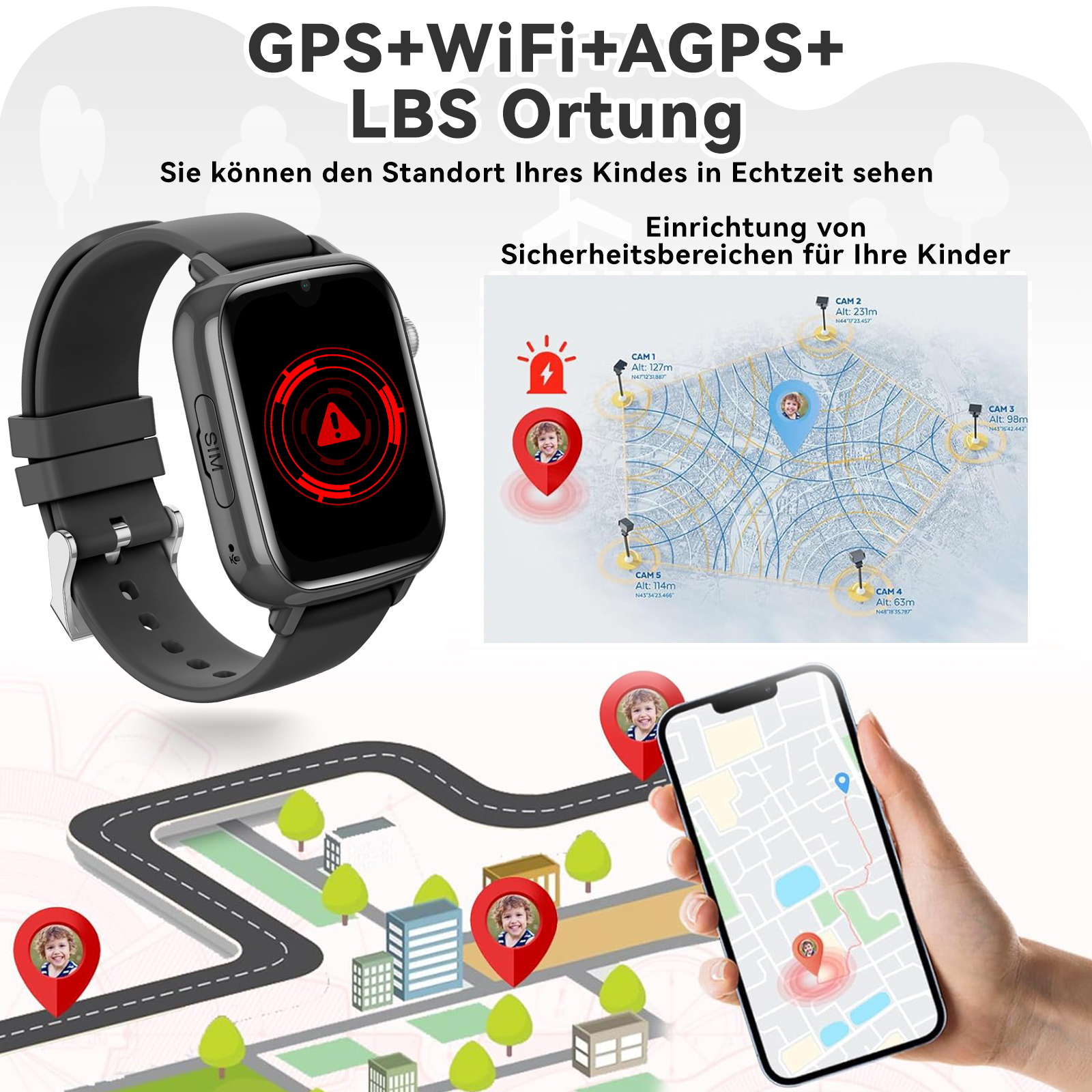 Schwarze Smartwatch mit rotem Alarmsymbol, Kartenoberfläche auf dem Telefon und Kindstandortmarkierungen.