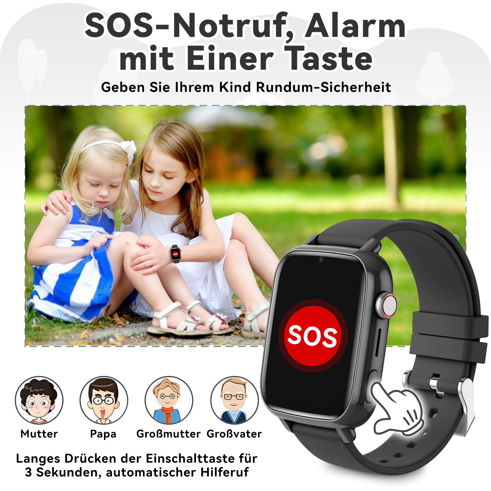 Zwei Mädchen und eine Smartwatch mit SOS-Taste. Symbole von Familienmitgliedern.
