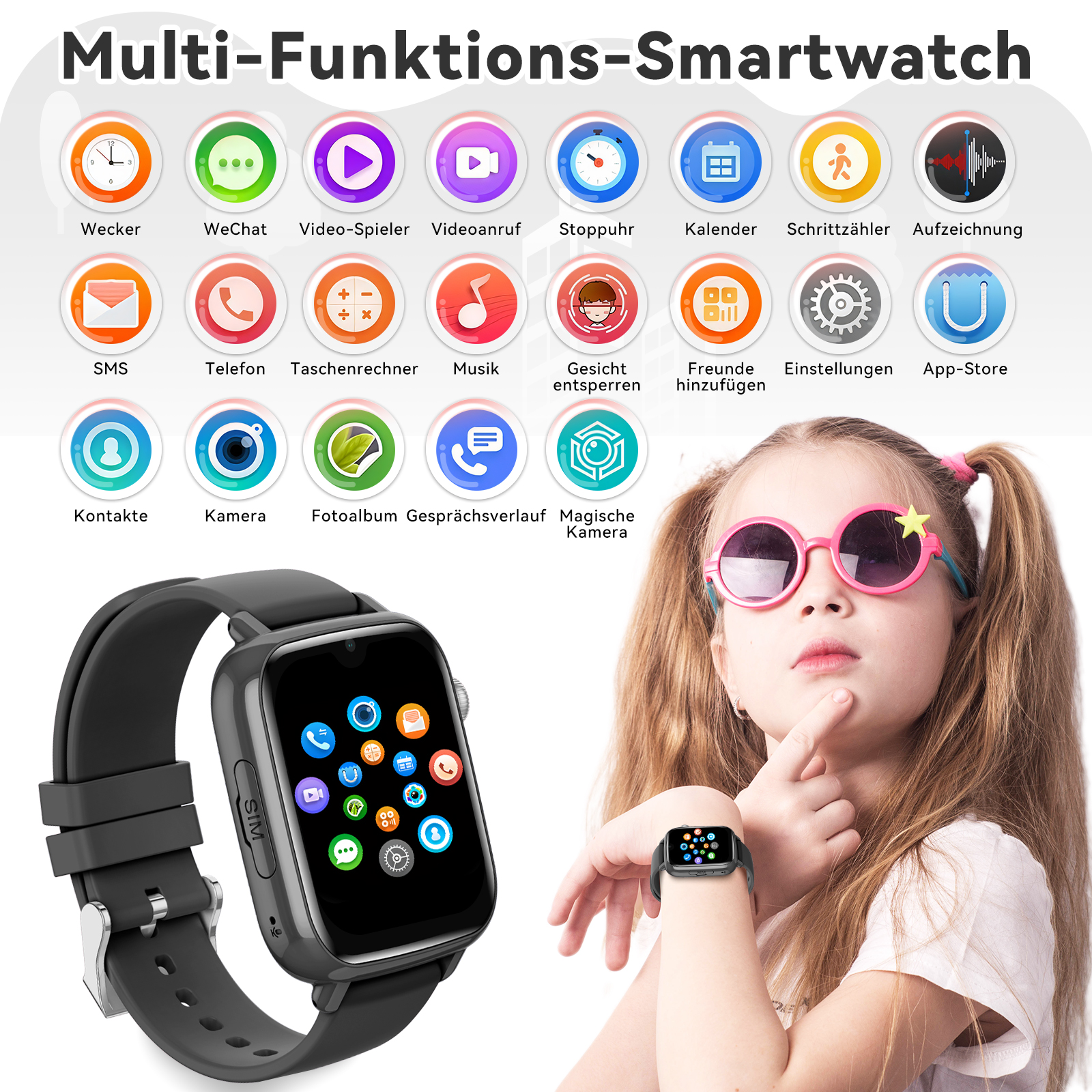 Ein Kind trägt eine Smartwatch, der Bildschirm zeigt viele Symbole.