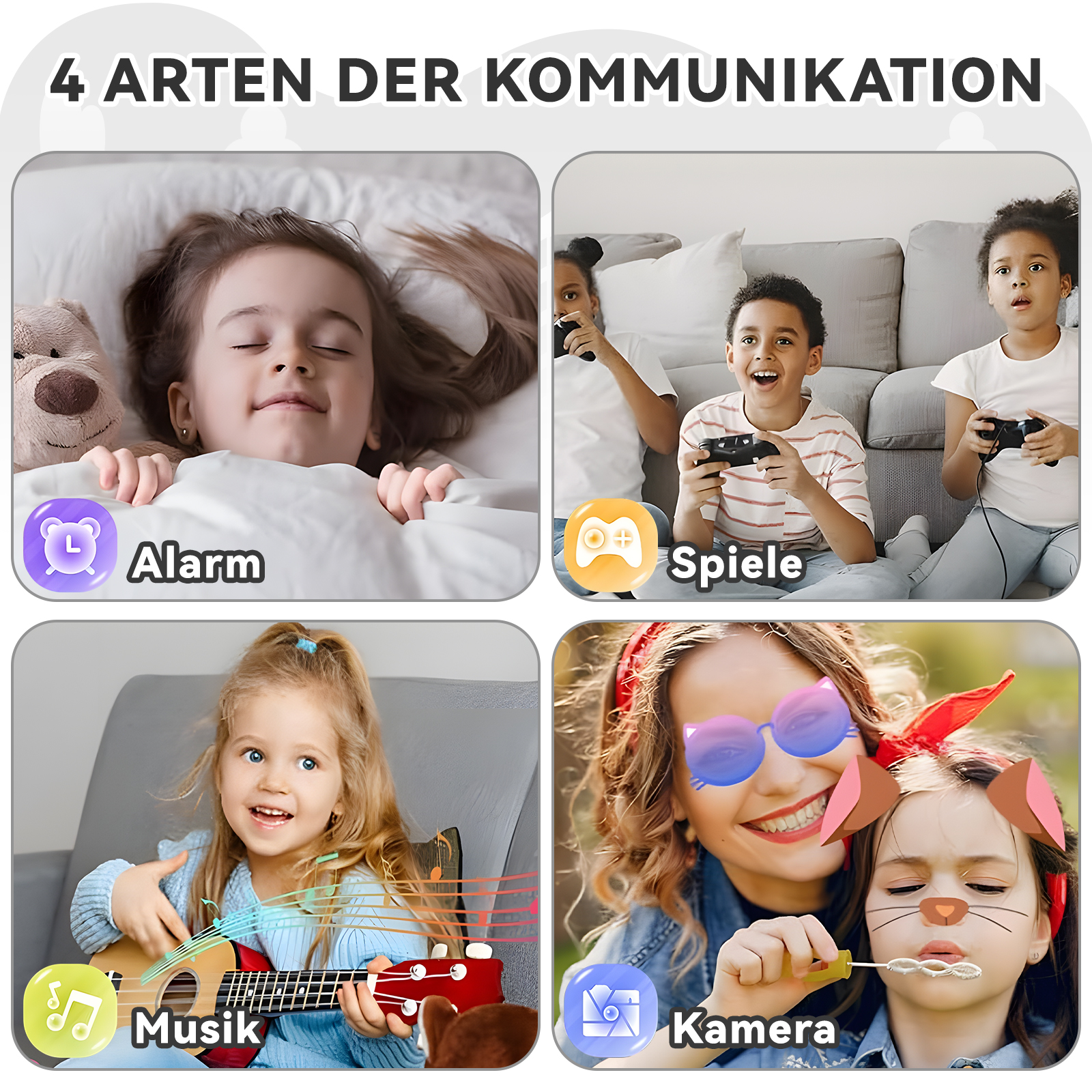 Collage von Kindern: schlafen, Videospiele spielen, Gitarre spielen und Seifenblasen blasen.