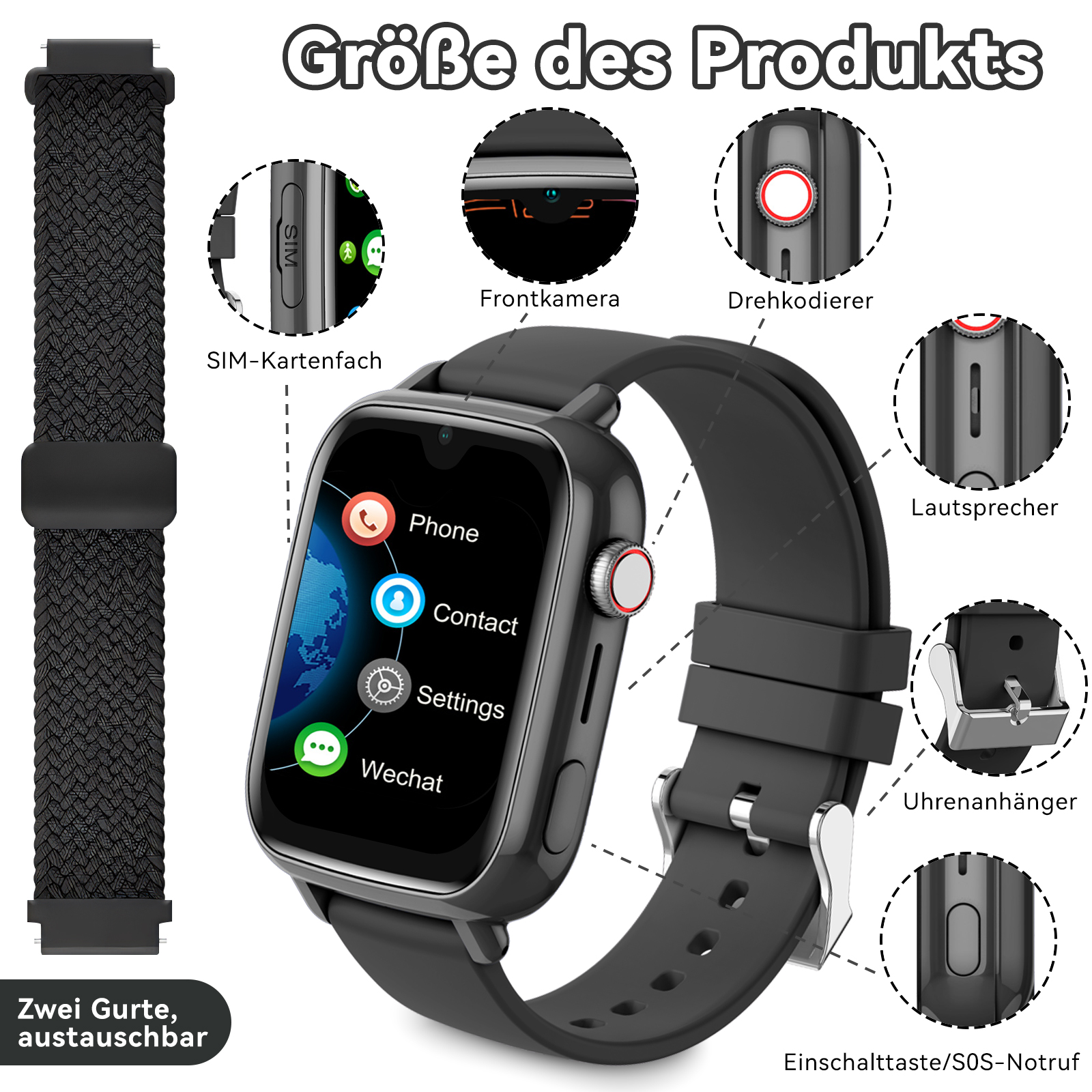Schwarze Smartwatch mit Telefon-, Kontakt-, Einstellungs- und Wechat-Symbolen, zwei austauschbare Armbänder.