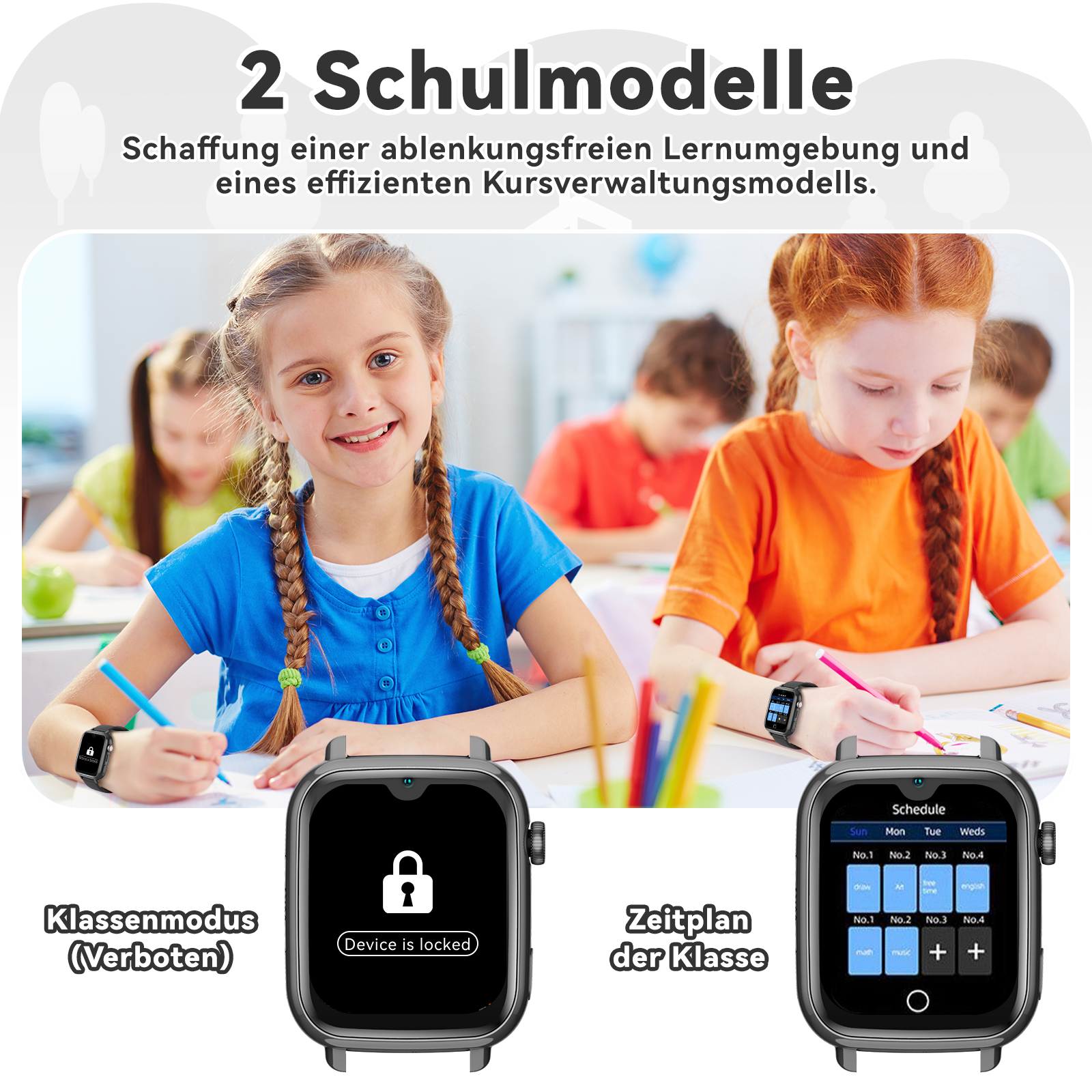 Kinder im Klassenzimmer mit Smartwatches. Eines zeigt den gesperrten Modus, das andere einen Zeitplan.
