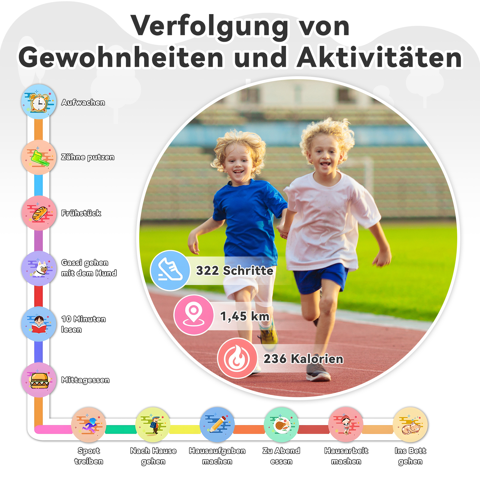 Zwei Kinder laufen auf einer Strecke, mit Aktivitäts-Icons und Text, der Schritte, Distanz und Kalorien anzeigt.