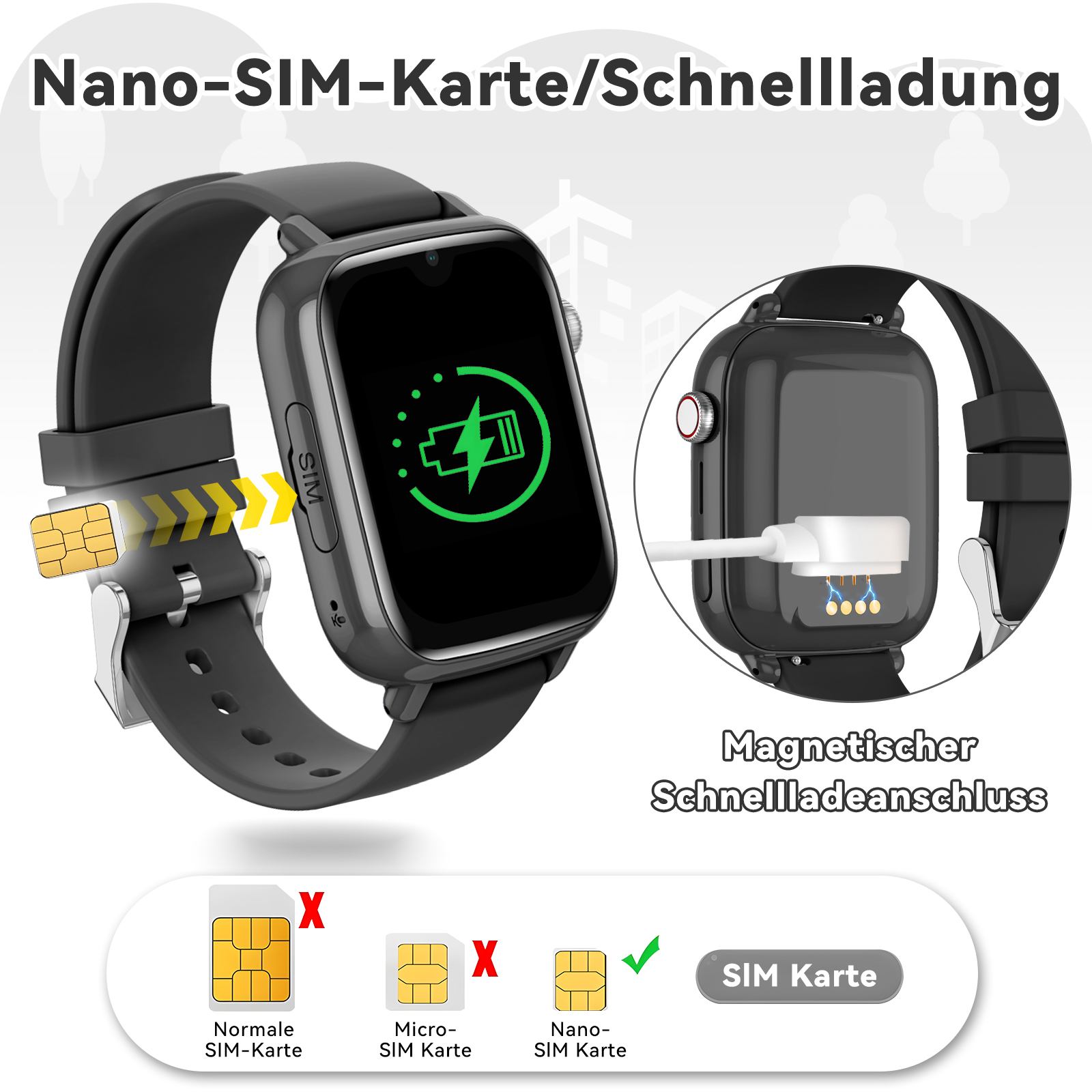 Smartwatch mit schwarzem Bildschirm mit Ladesymbol, daneben eine Nano-SIM-Karte.