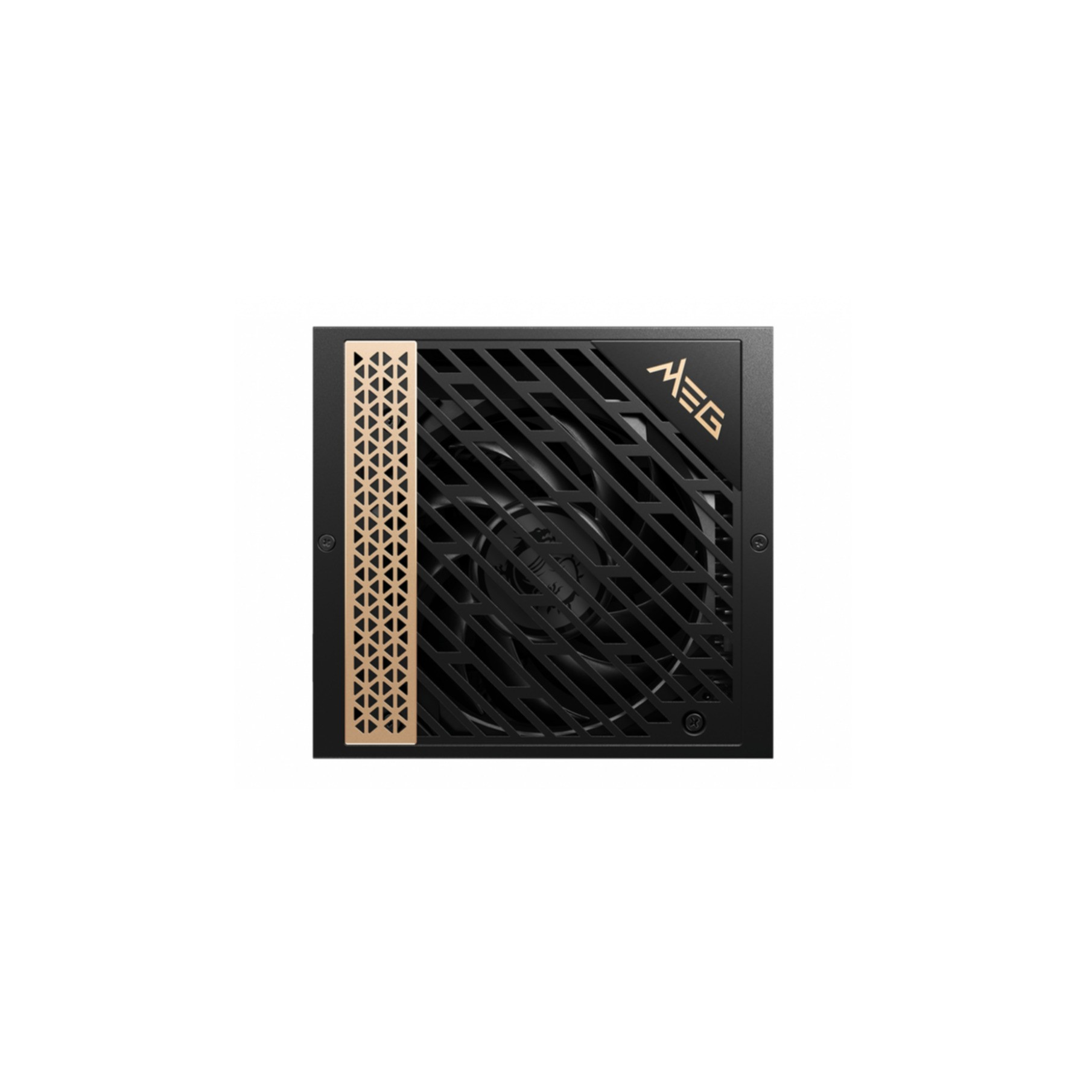 Czarny zasilacz z złotym akcentem. Urządzenie posiada wentylator i czarną kratkę.