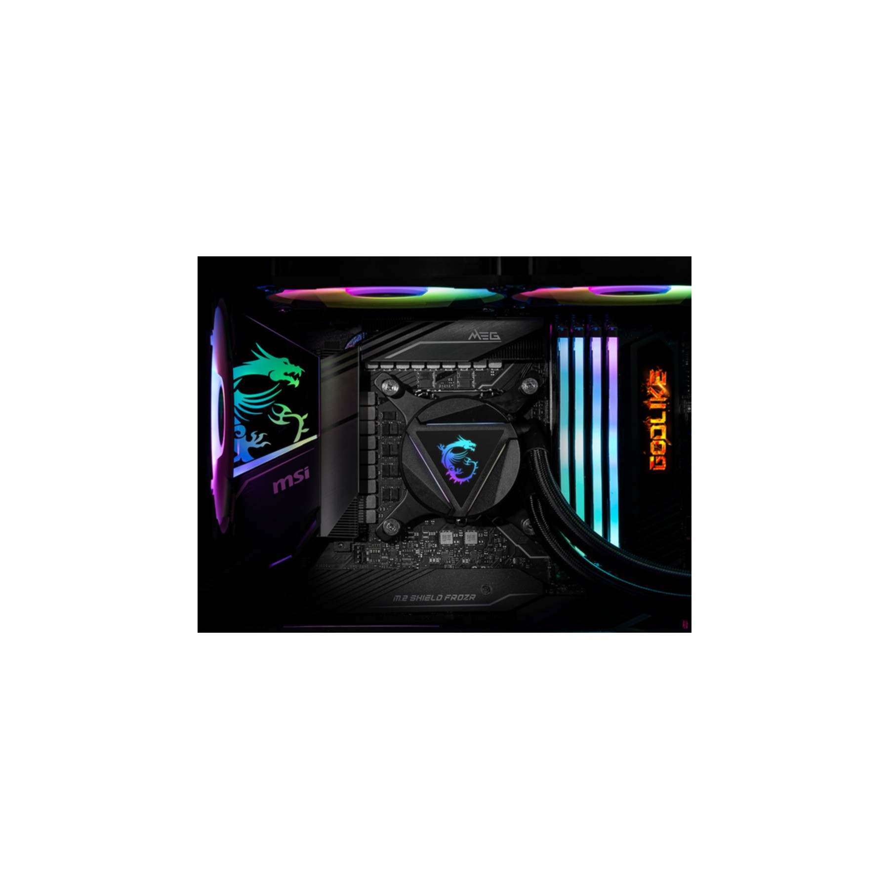 Scheda madre MSI con dissipatore CPU, illuminazione RGB e moduli RAM.