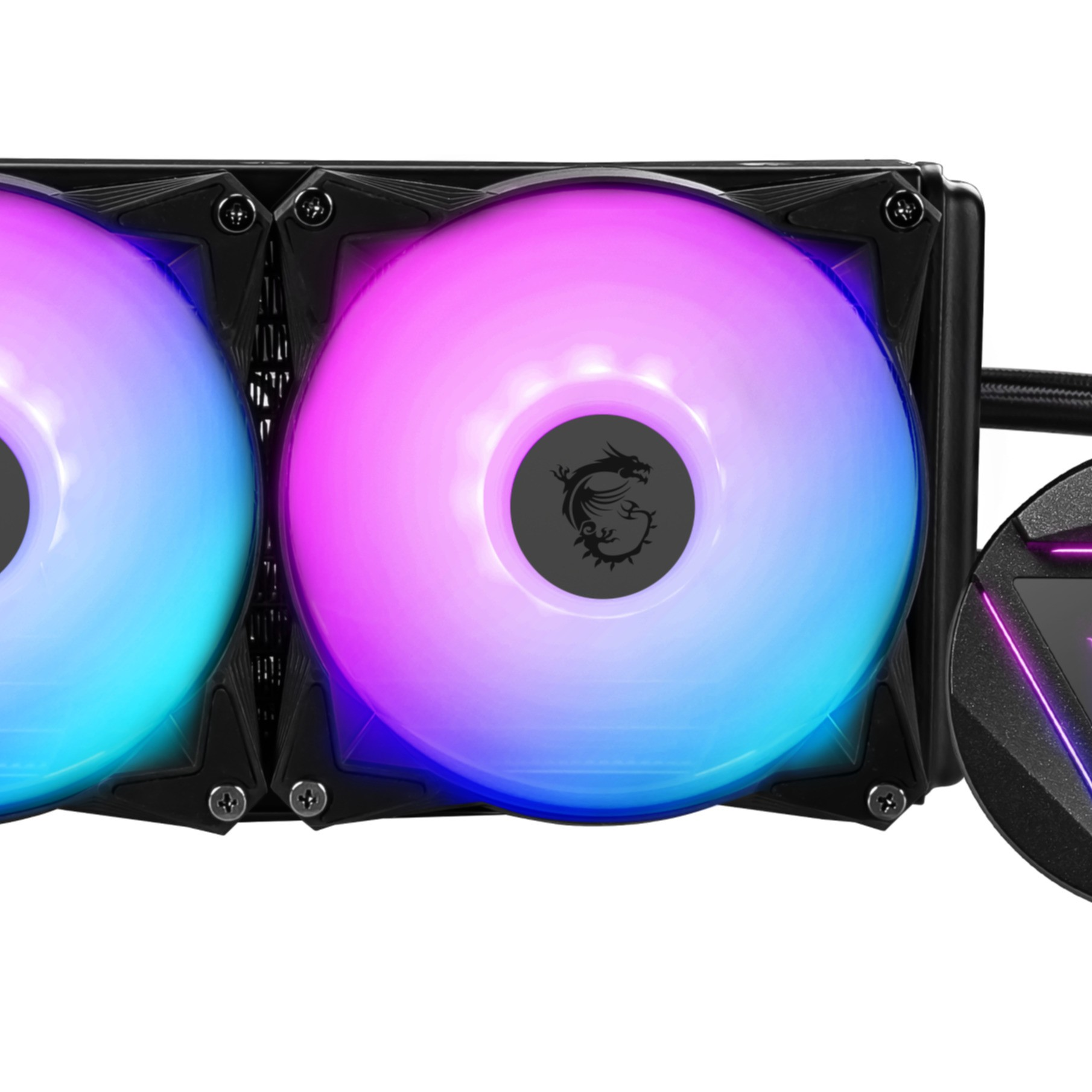 İki fanlı, siyah çerçeveli ve RGB ışıklı PC soğutma sistemi.