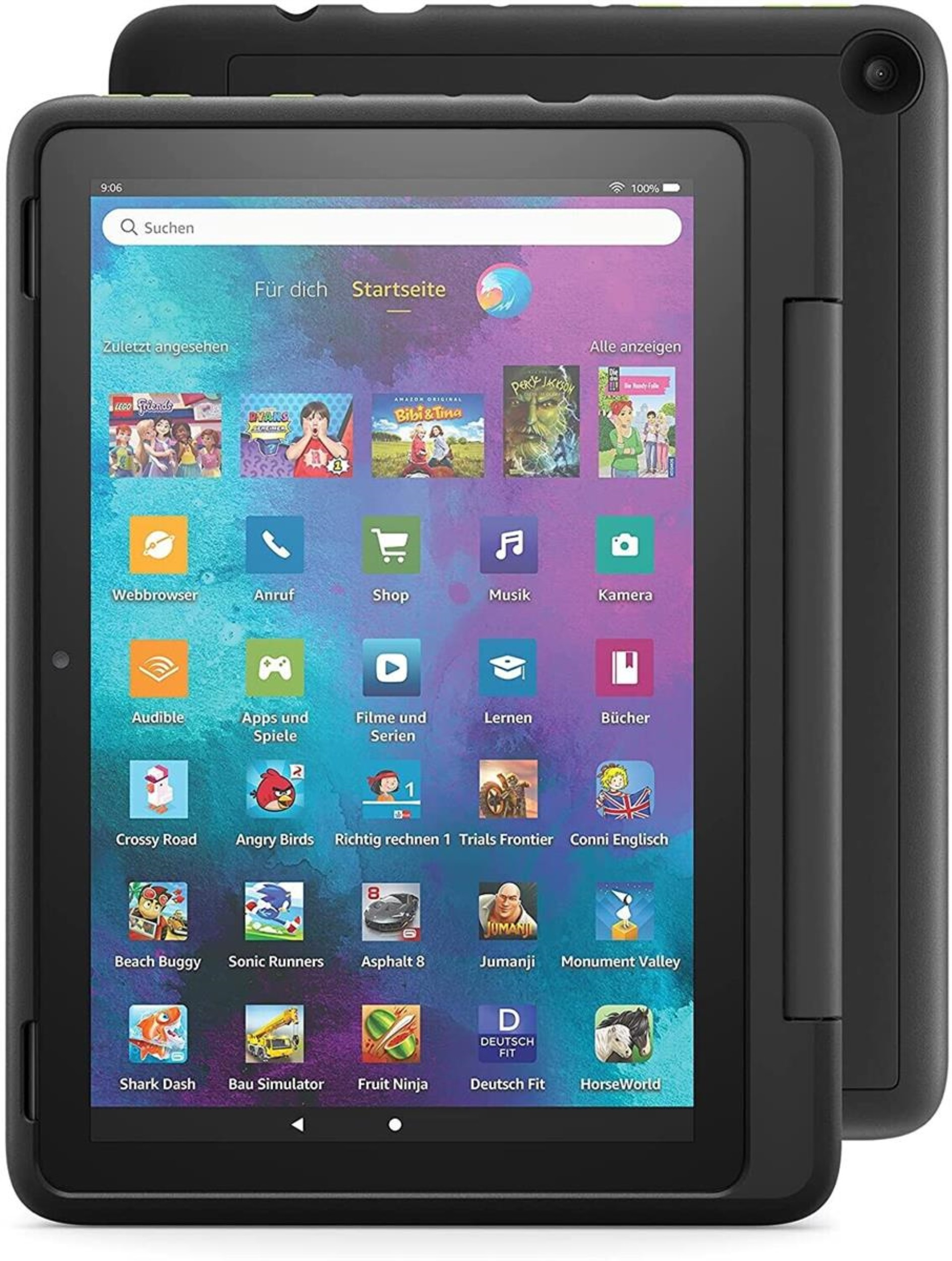 Ein schwarzes Tablet mit einem Bildschirm, der bunte App-Symbole und eine Schutzhülle anzeigt.