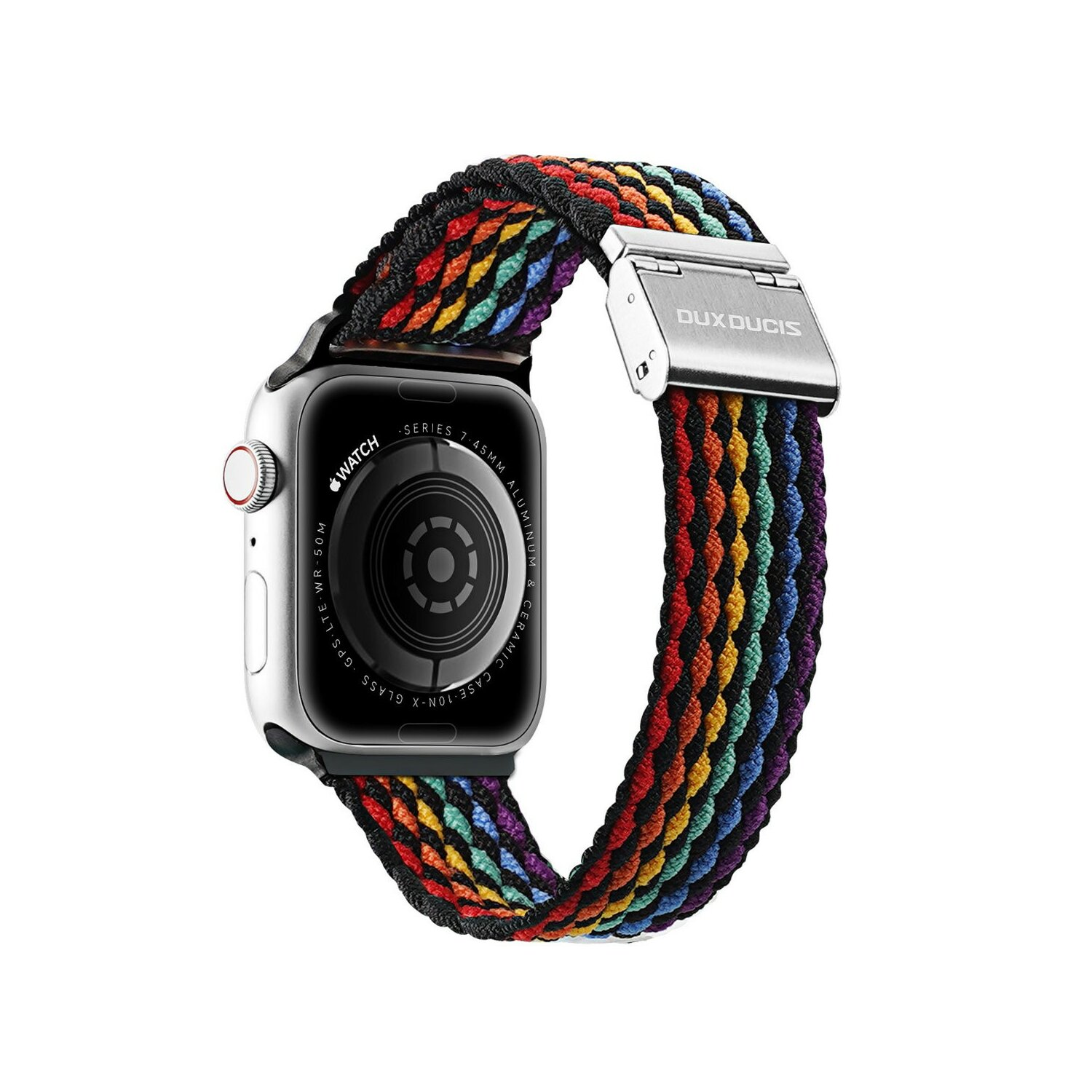 Apple Watch mit einem Regenbogenfarbenen Band.