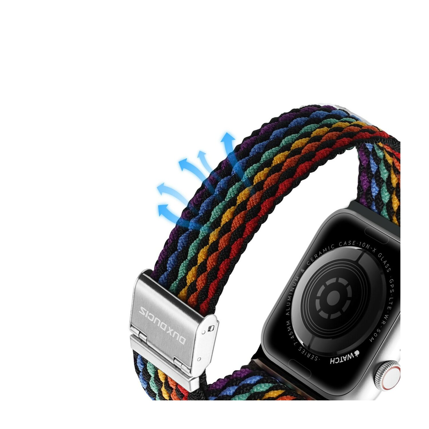 Regenbogenfarbenes geflochtenes Uhrenarmband, das an einer Uhr befestigt ist. Das Band hat einen Metallverschluss und blaue Pfeile.